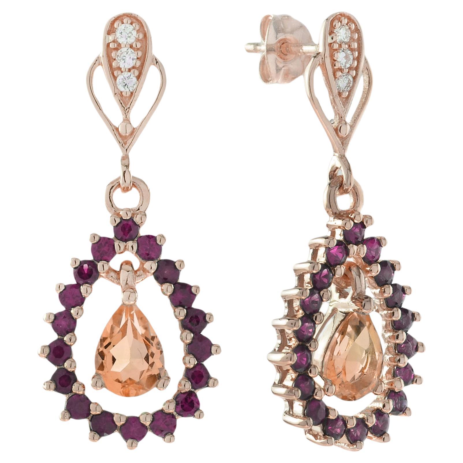 Morganite Ruby Diamond Art Deco Style Drop Earrings in 14K Rose Gold For Sale