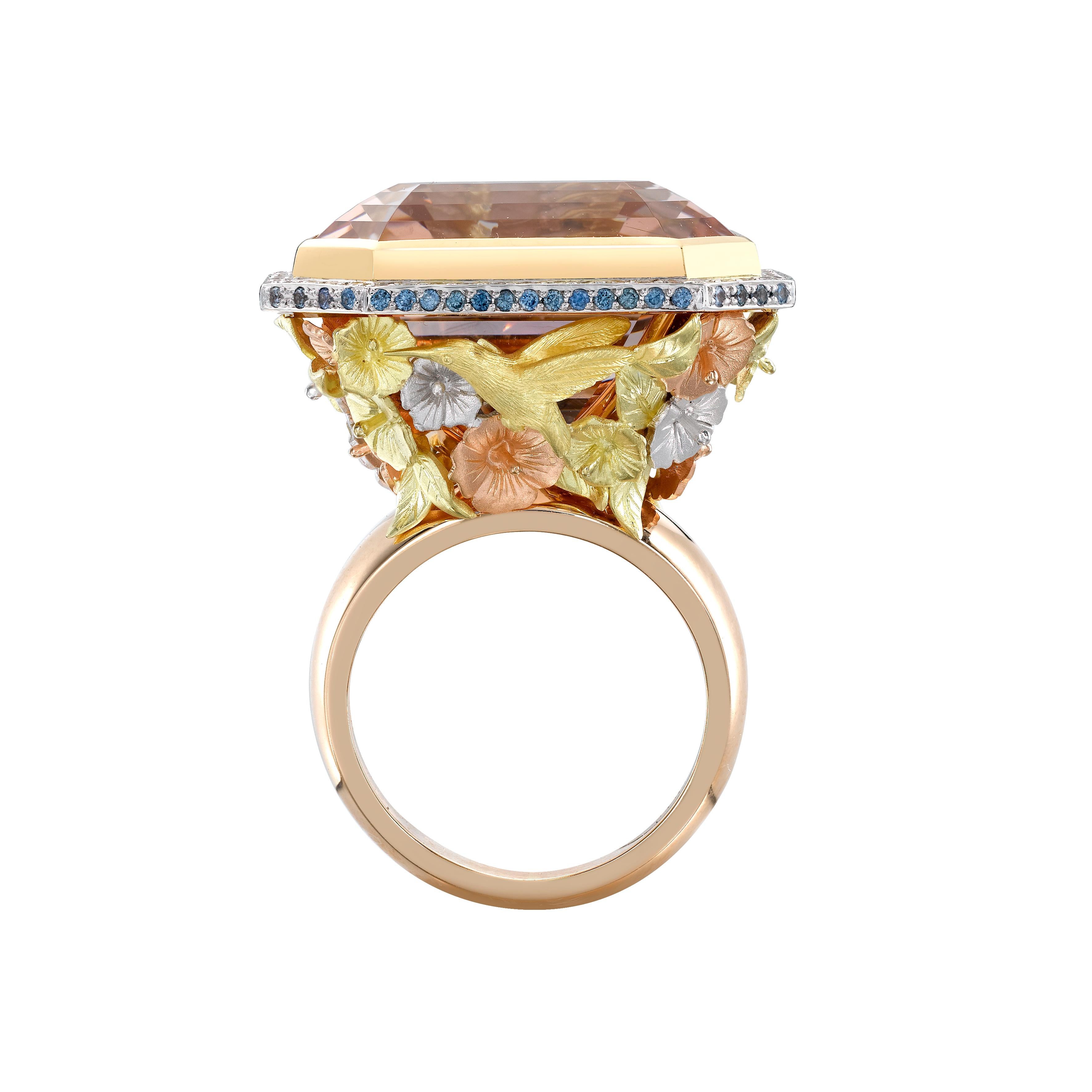 Contemporary 18ct Rose Gold Morganite, Sapphire and Diamond Hummingbird Cocktail Ring For Sale