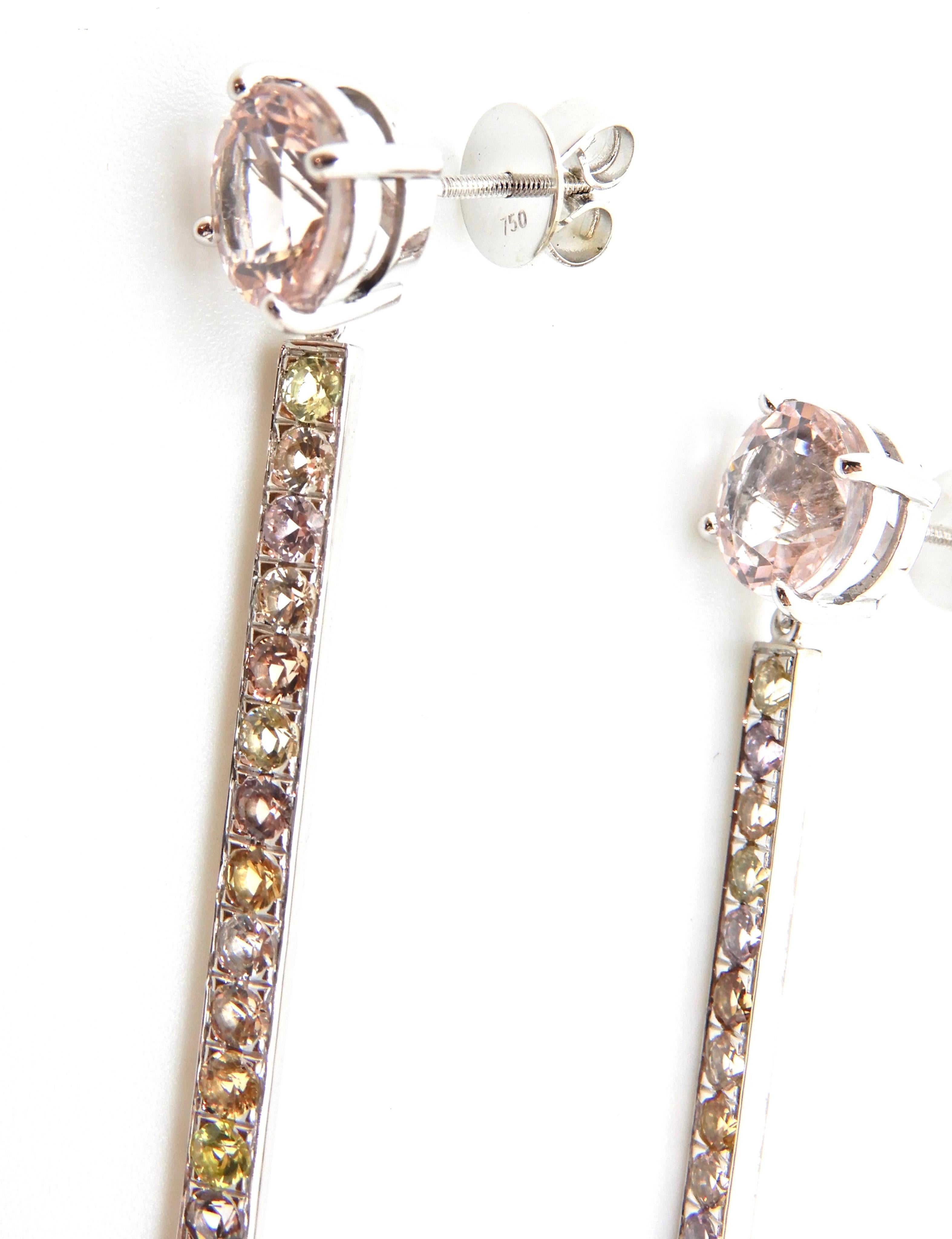 Morganite, Sapphire, Freshwater Pearl and 18 Carat Gold Handmade Drop Earrings In Excellent Condition For Sale In Brisbane, QLD