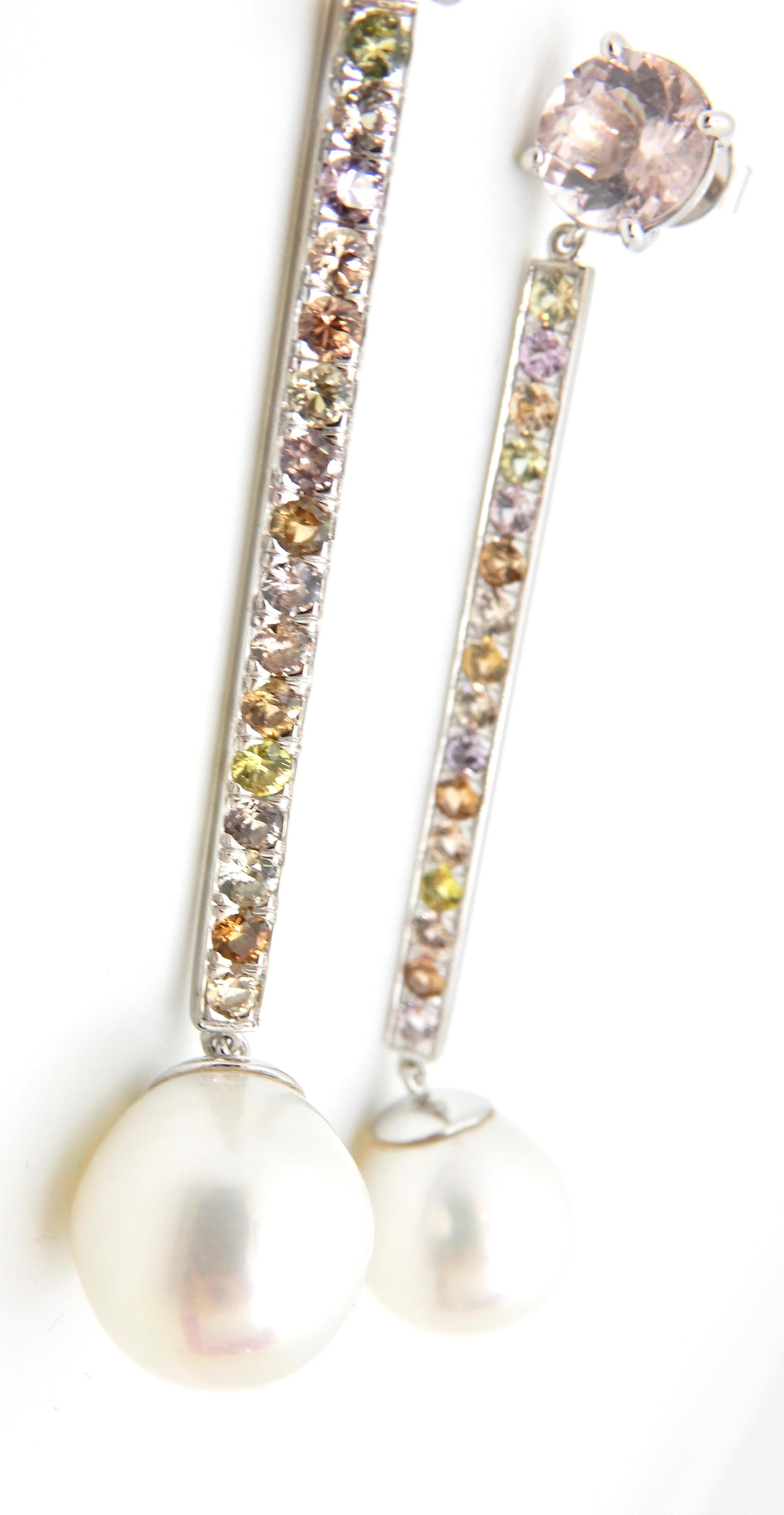 Women's Morganite, Sapphire, Freshwater Pearl and 18 Carat Gold Handmade Drop Earrings For Sale