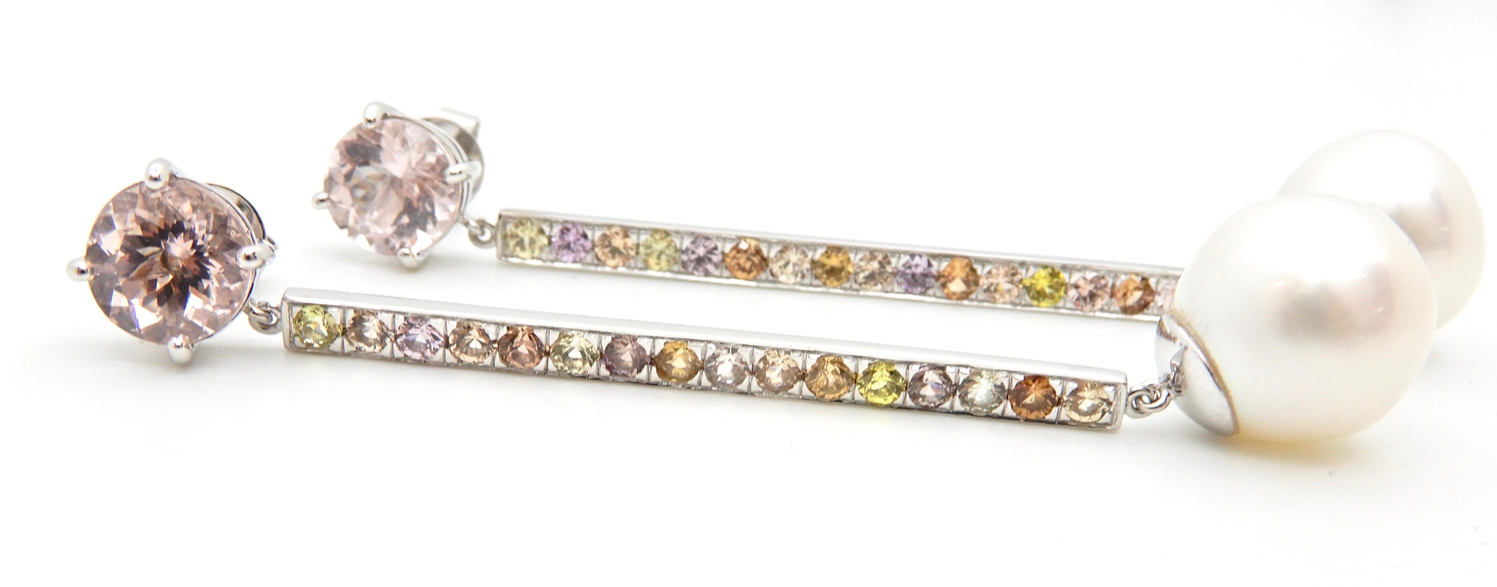 Morganite, Sapphire, Freshwater Pearl and 18 Carat Gold Handmade Drop Earrings For Sale 1