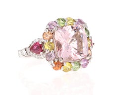 Morganite Sapphire Ruby Diamond 14 Karat White Gold Cocktail Ring