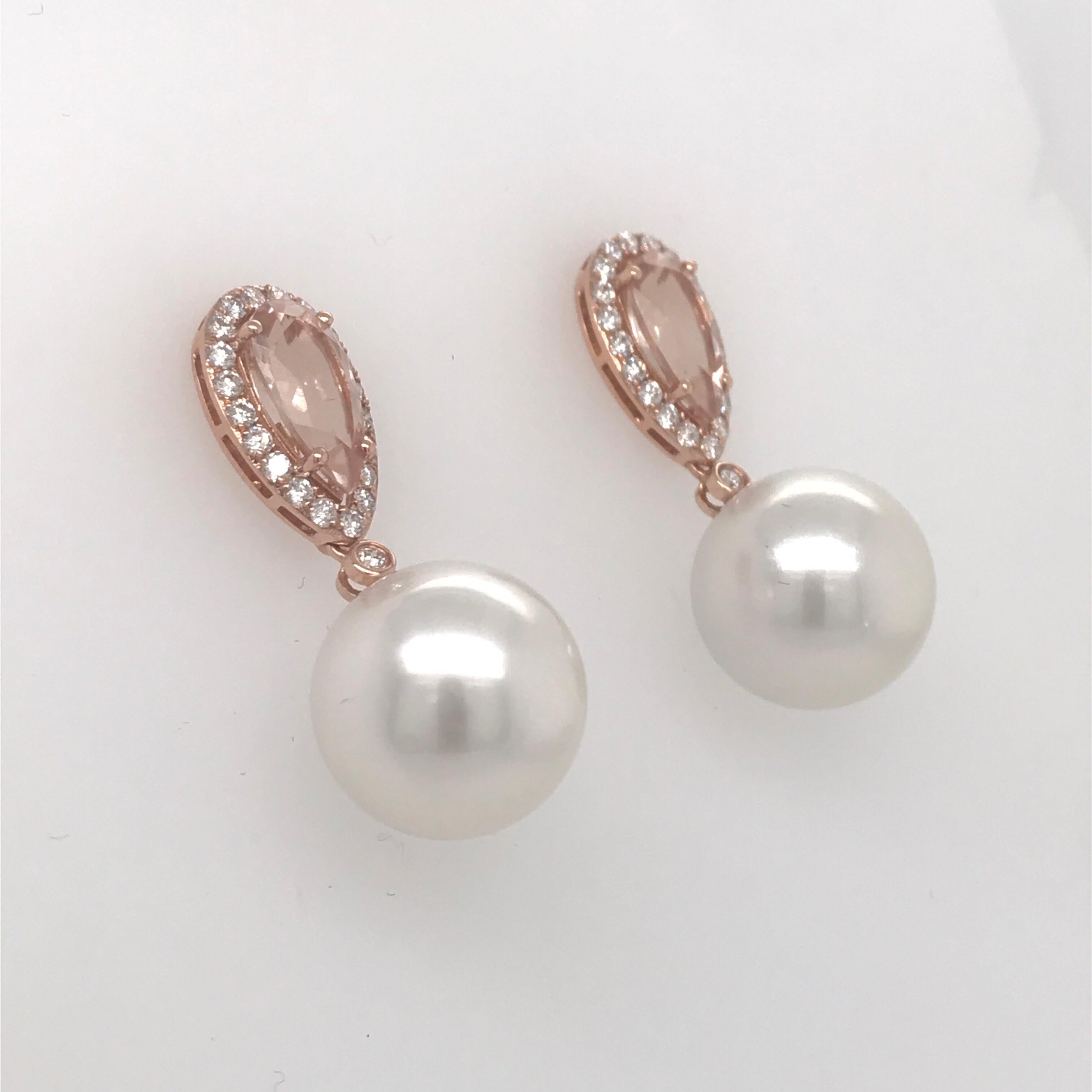 Morganite South Sea Pearl Diamond Earrings 2.53 Carat 18 Karat Rose ...