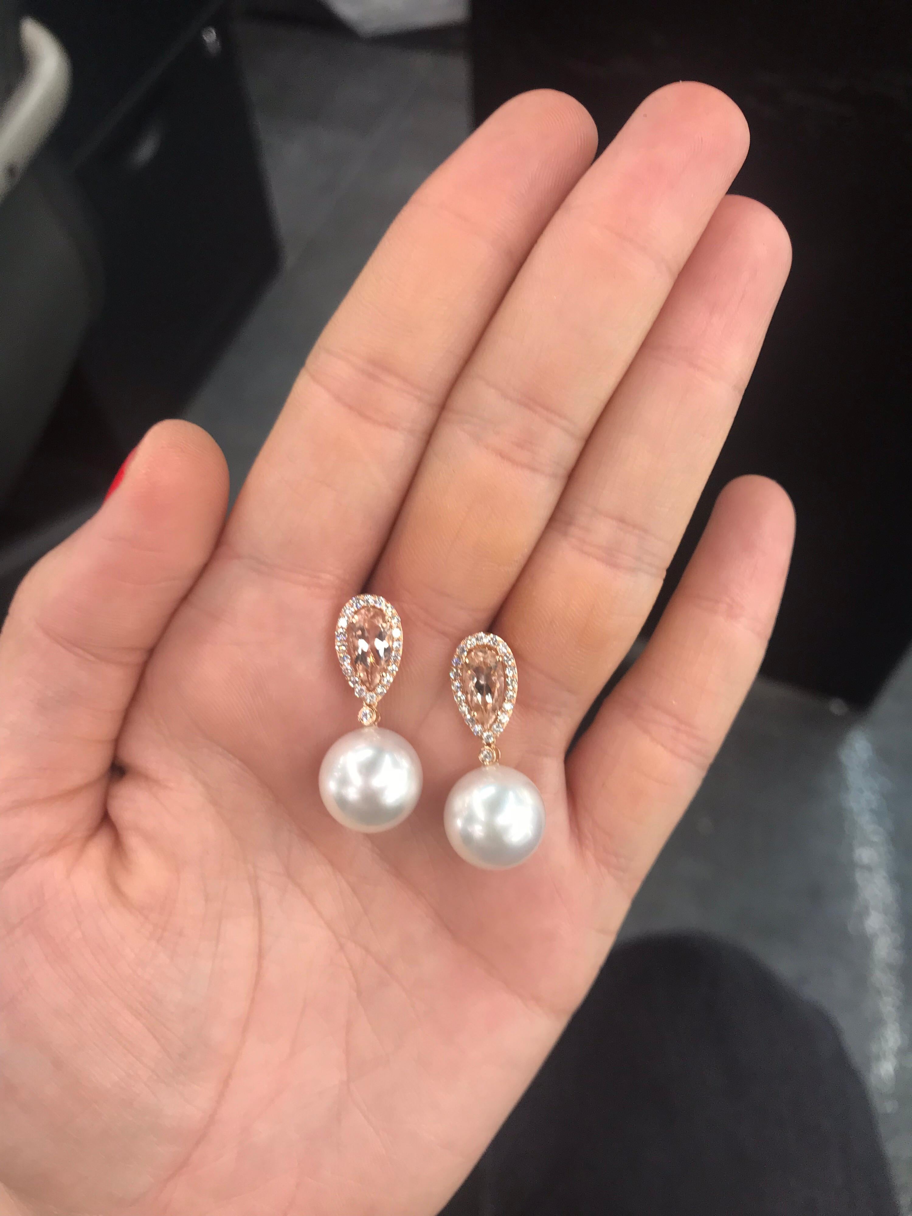 Contemporary Morganite South Sea Pearl Diamond Earrings 2.53 Carat 18 Karat Rose Gold For Sale