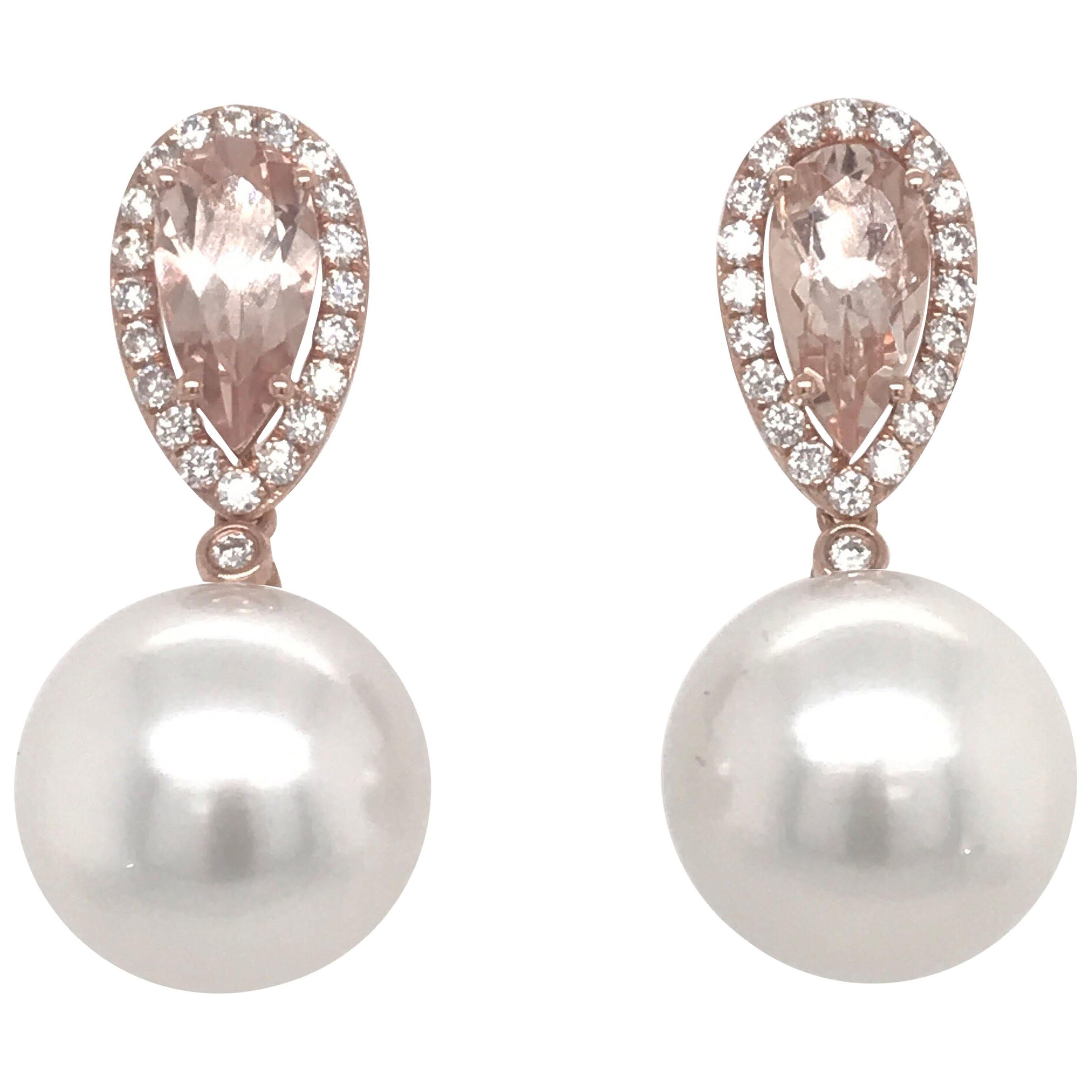 Morganite South Sea Pearl Diamond Earrings 2.53 Carat 18 Karat Rose Gold For Sale