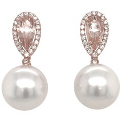 Morganite South Sea Pearl Diamond Earrings 2.53 Carat 18 Karat Rose Gold