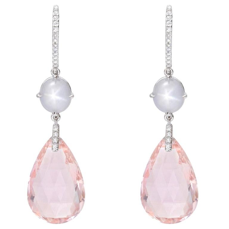 Morganite, Star Sapphire and Diamond Drop Earrings For Sale