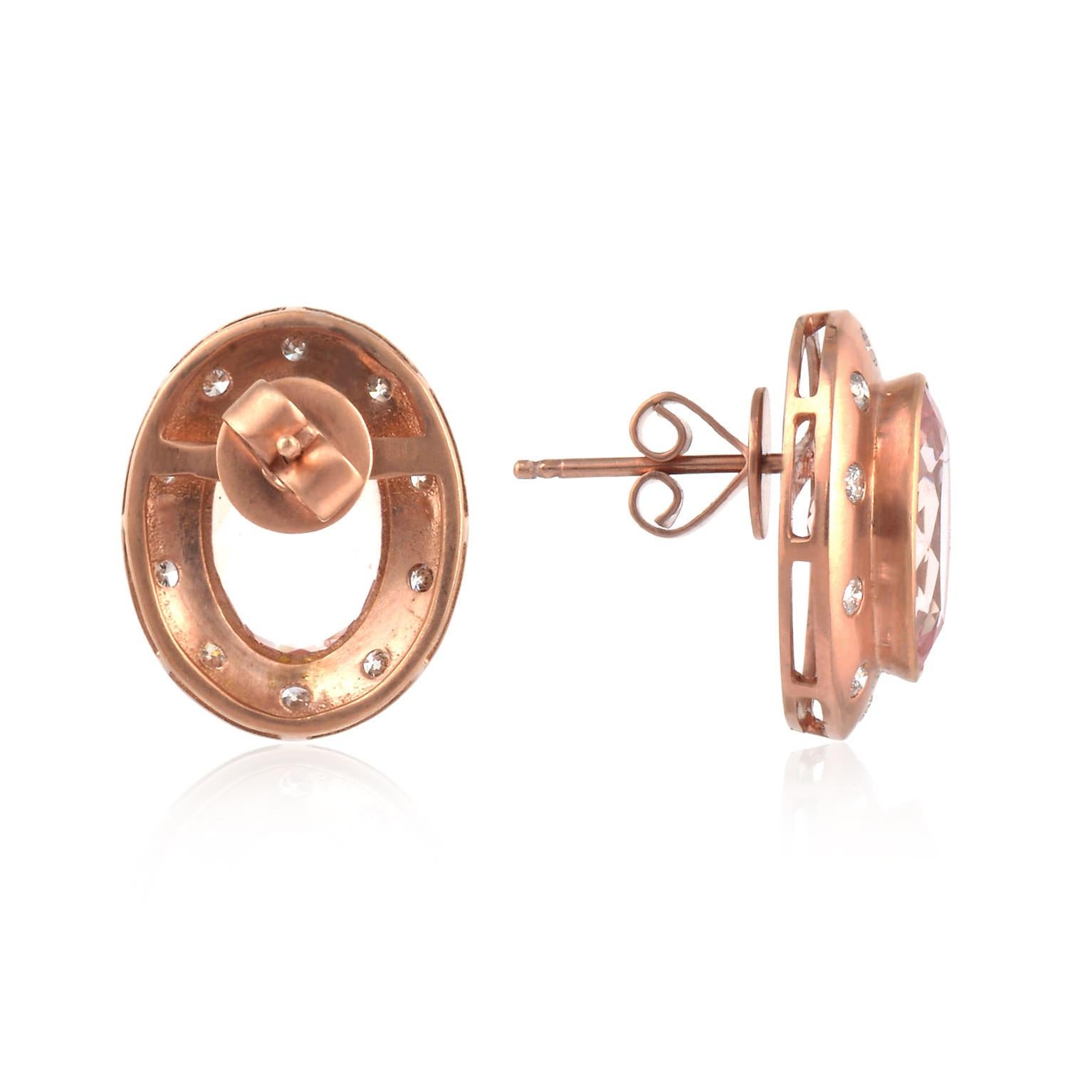 Art Nouveau Morganite Stud Earring With Diamonds Made In 18k Rose Gold For Sale