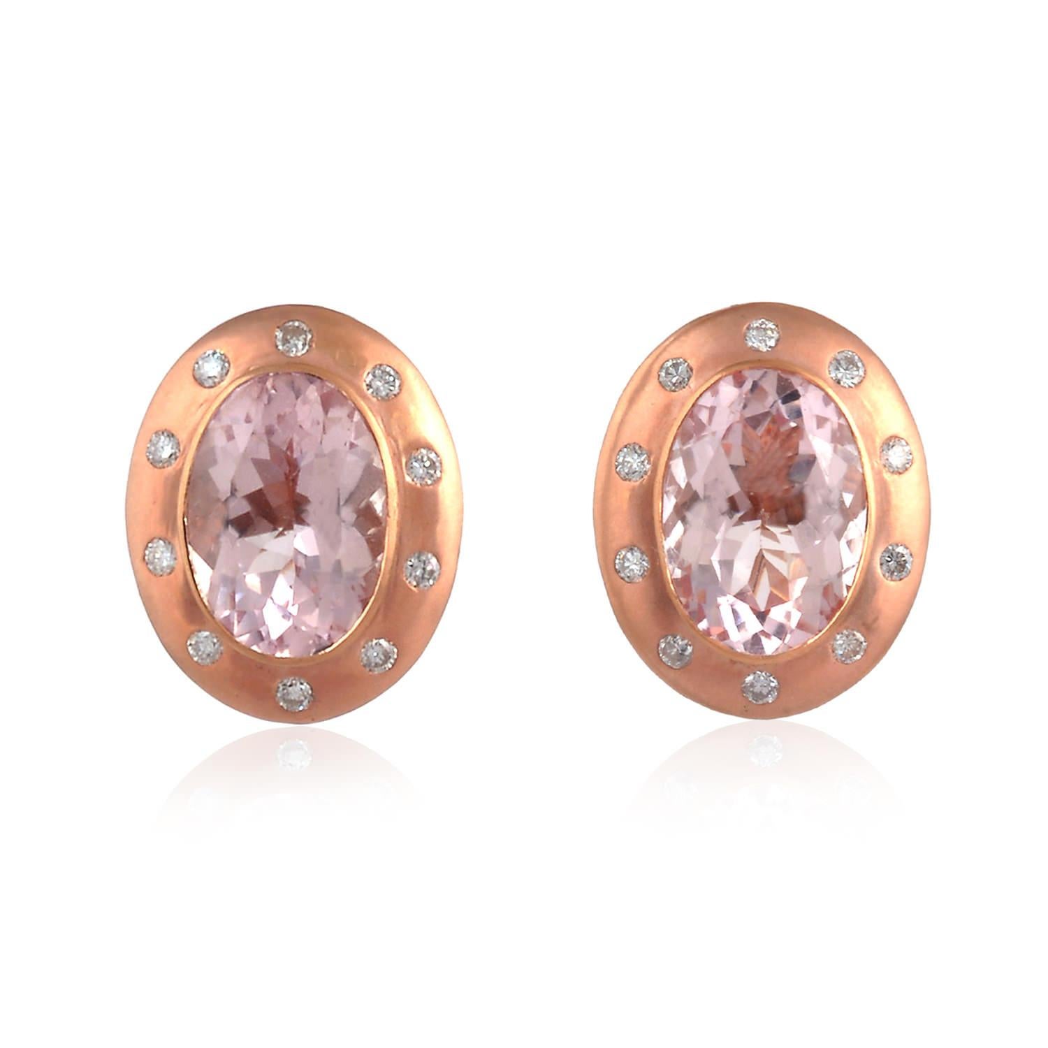 Oval Cut Morganite Stud Earring With Diamonds Made In 18k Rose Gold For Sale