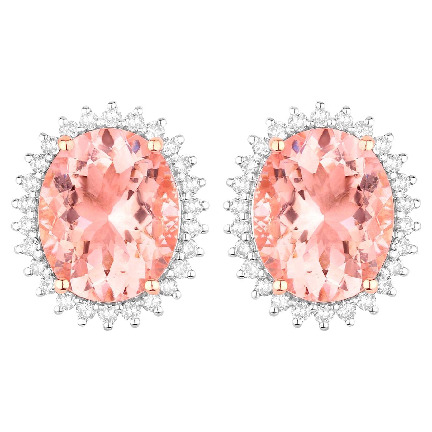 Morganite Stud Earrings Diamond Halo 6.82 Carats 14K Gold For Sale