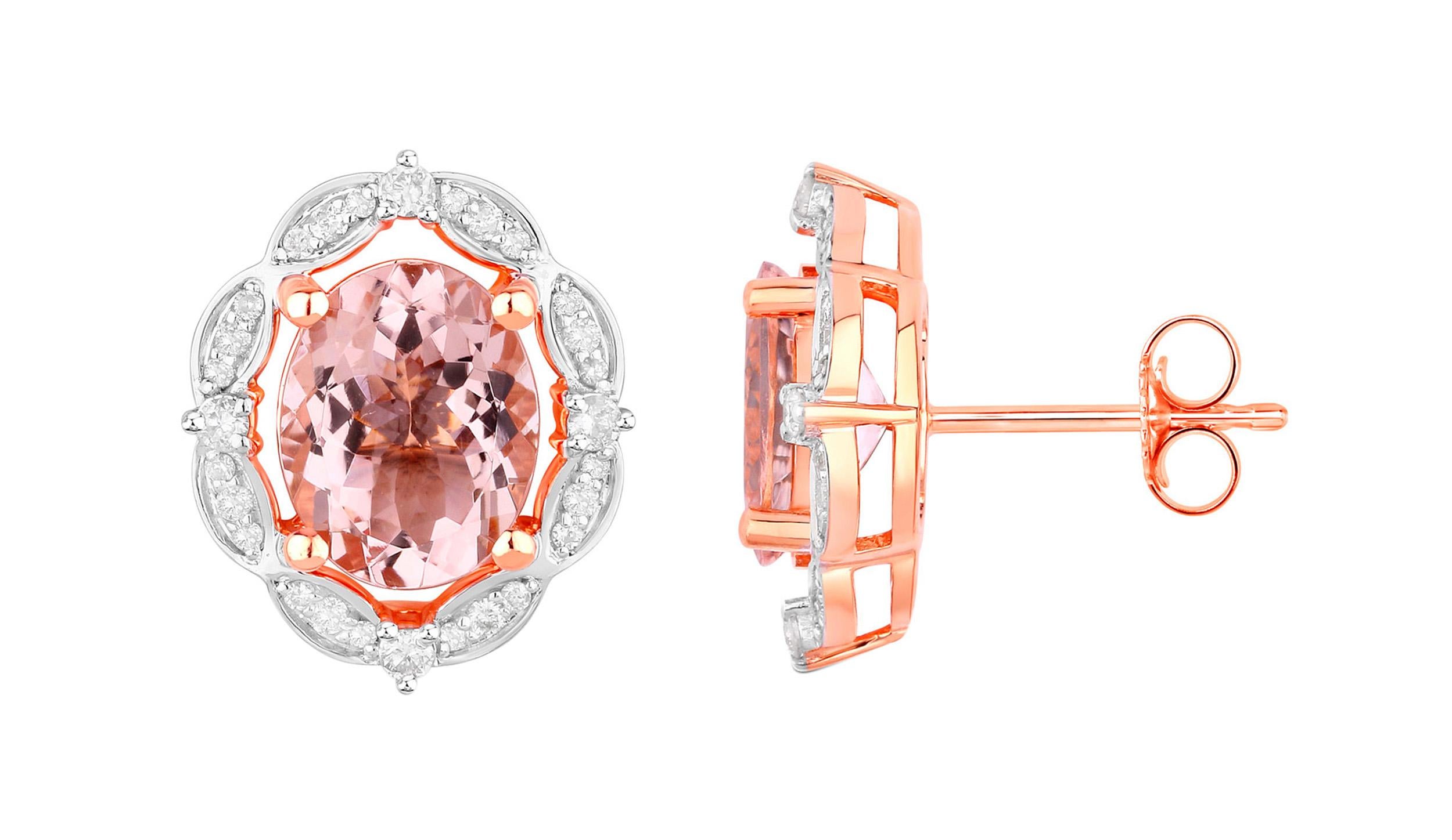 Contemporaneo Orecchini di Morganite con diamanti 3,5 carati totali in oro 14K in vendita