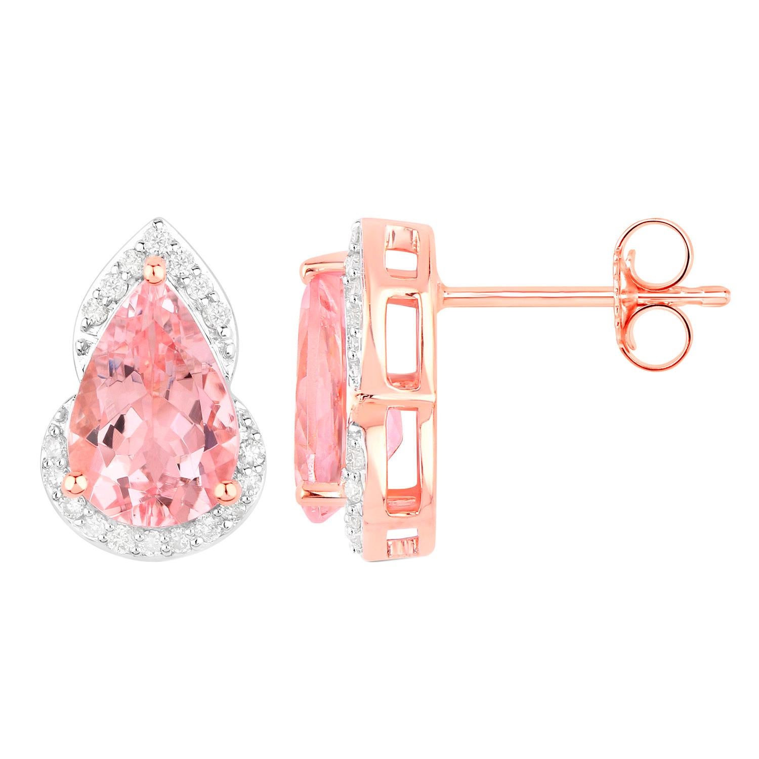 Pear Cut Morganite Stud Earrings Diamond Settings 2.3 Carats Total 14K Gold For Sale