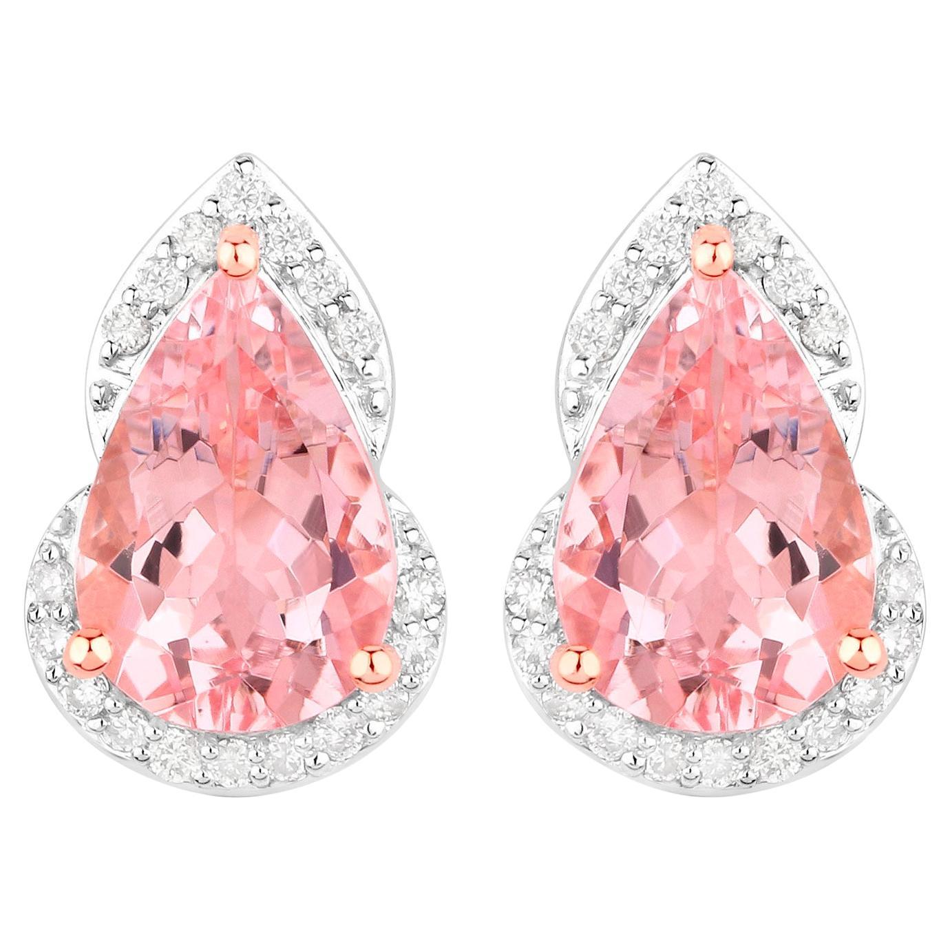 Morganite Stud Earrings Diamond Settings 2.3 Carats Total 14K Gold For Sale