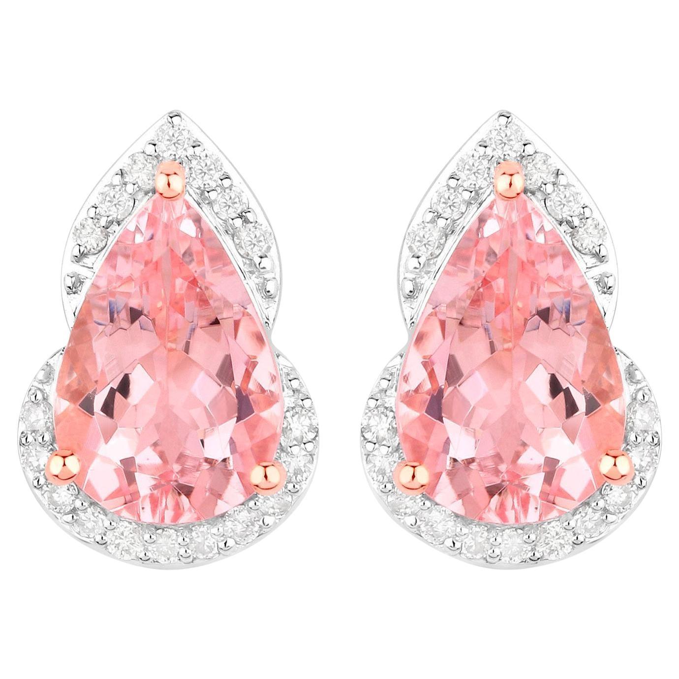 Morganite Stud Earrings Diamond Settings 2.3 Carats Total 14K Gold For Sale