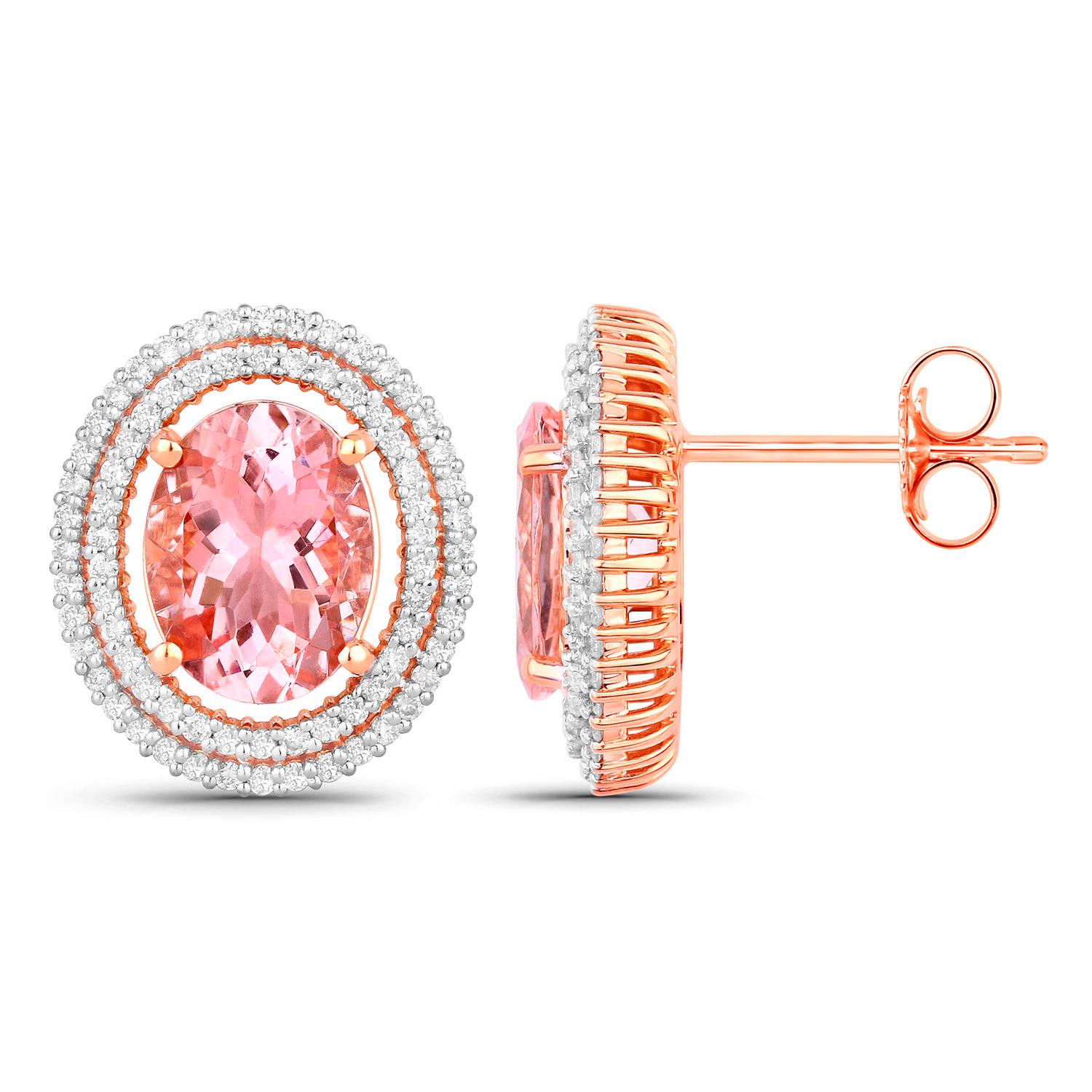 Oval Cut Morganite Stud Earrings Double Diamond Halo 3.7 Carats 14K Rose Gold For Sale