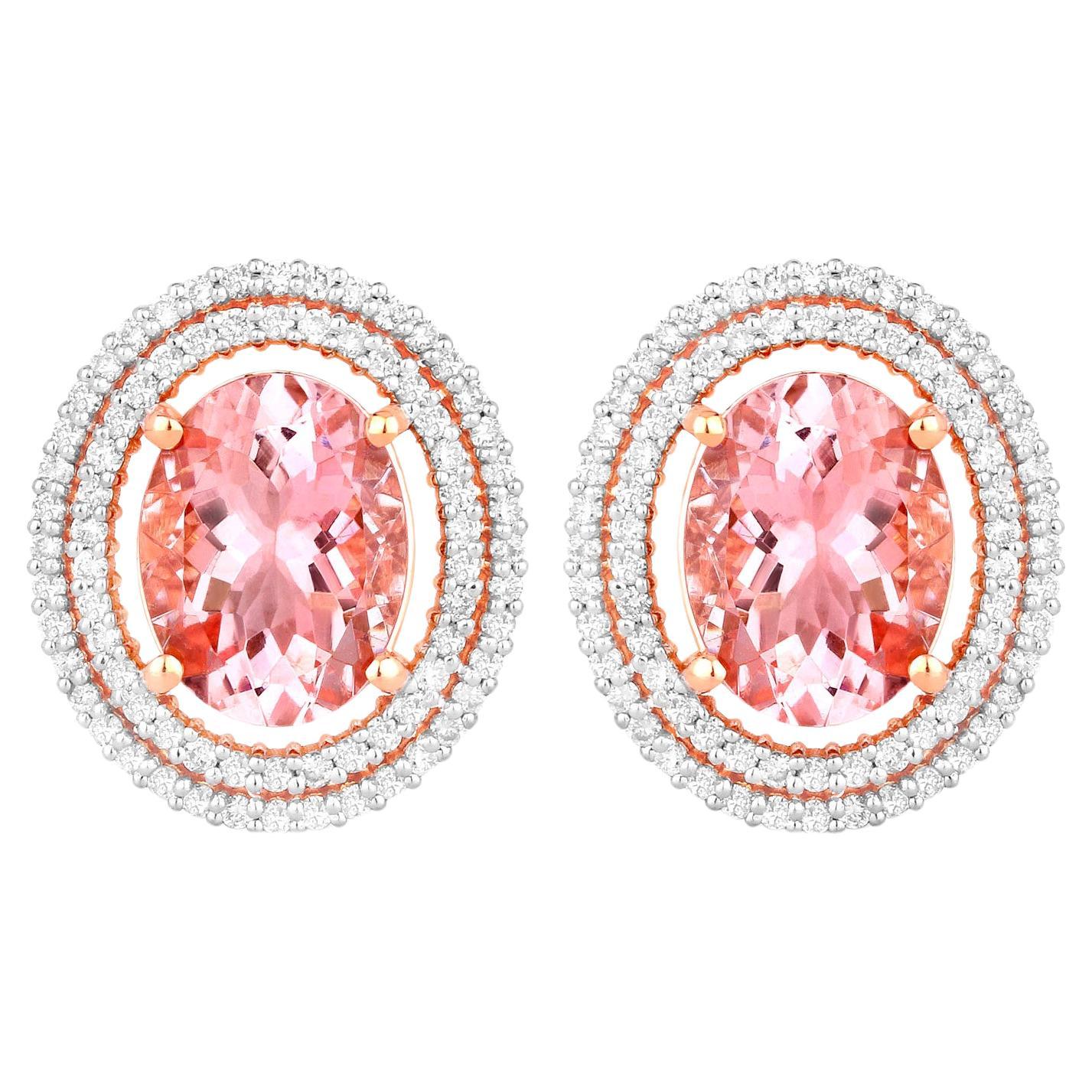 Morganite Stud Earrings Double Diamond Halo 3.7 Carats 14K Rose Gold