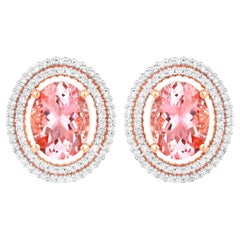 Morganite Stud Earrings Double Diamond Halo 3.7 Carats 14K Rose Gold