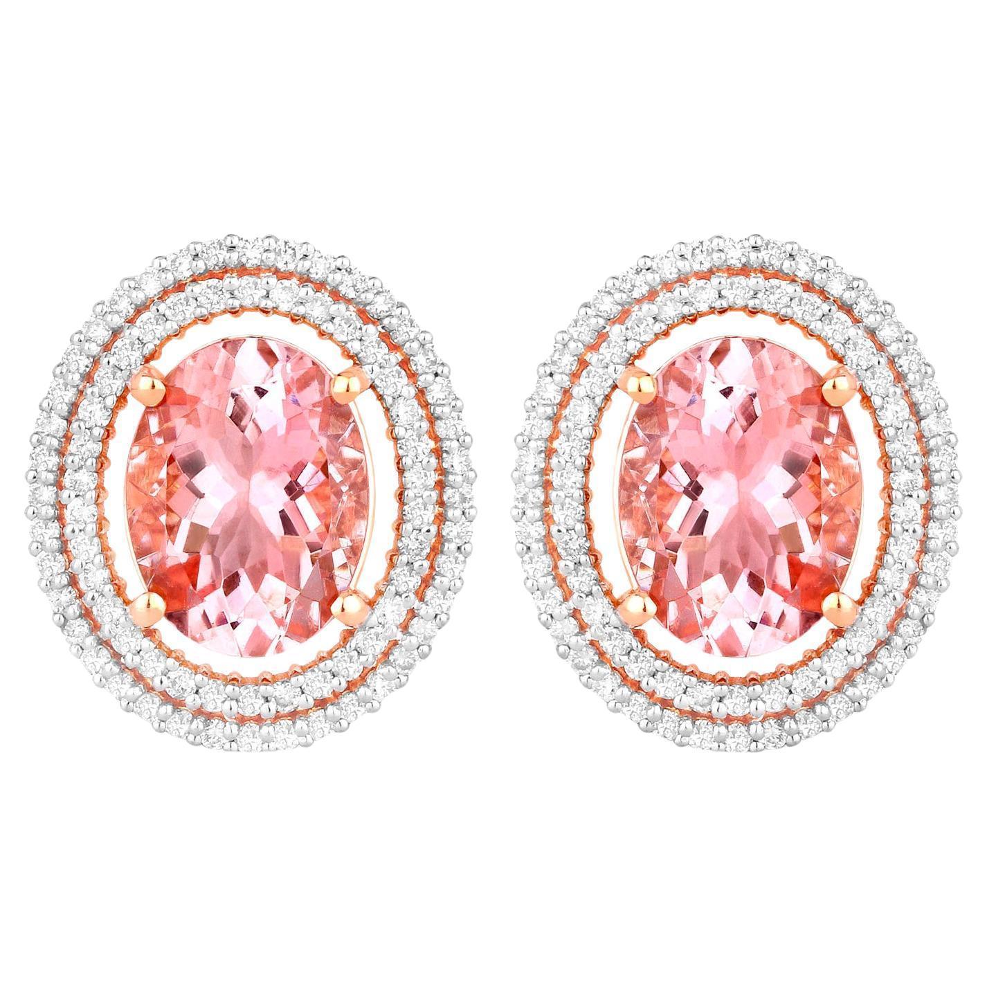 Pendientes de Morganita Doble Halo de Diamantes 3,7 Quilates Oro Rosa 14K