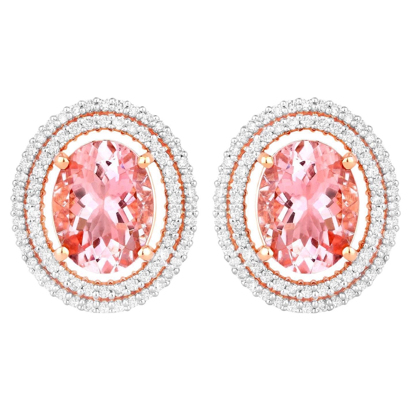 Morganite Stud Earrings Double Diamond Halo 3.7 Carats 14K Rose Gold For Sale