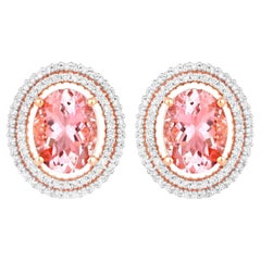Morganite Stud Earrings Double Diamond Halo 3.7 Carats 14K Rose Gold