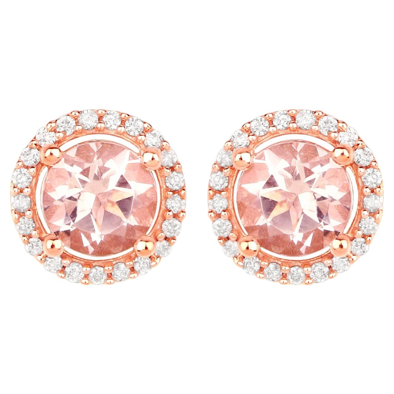 Morganite Stud Earrings With Diamonds 0.9 Carats 14K Rose Gold