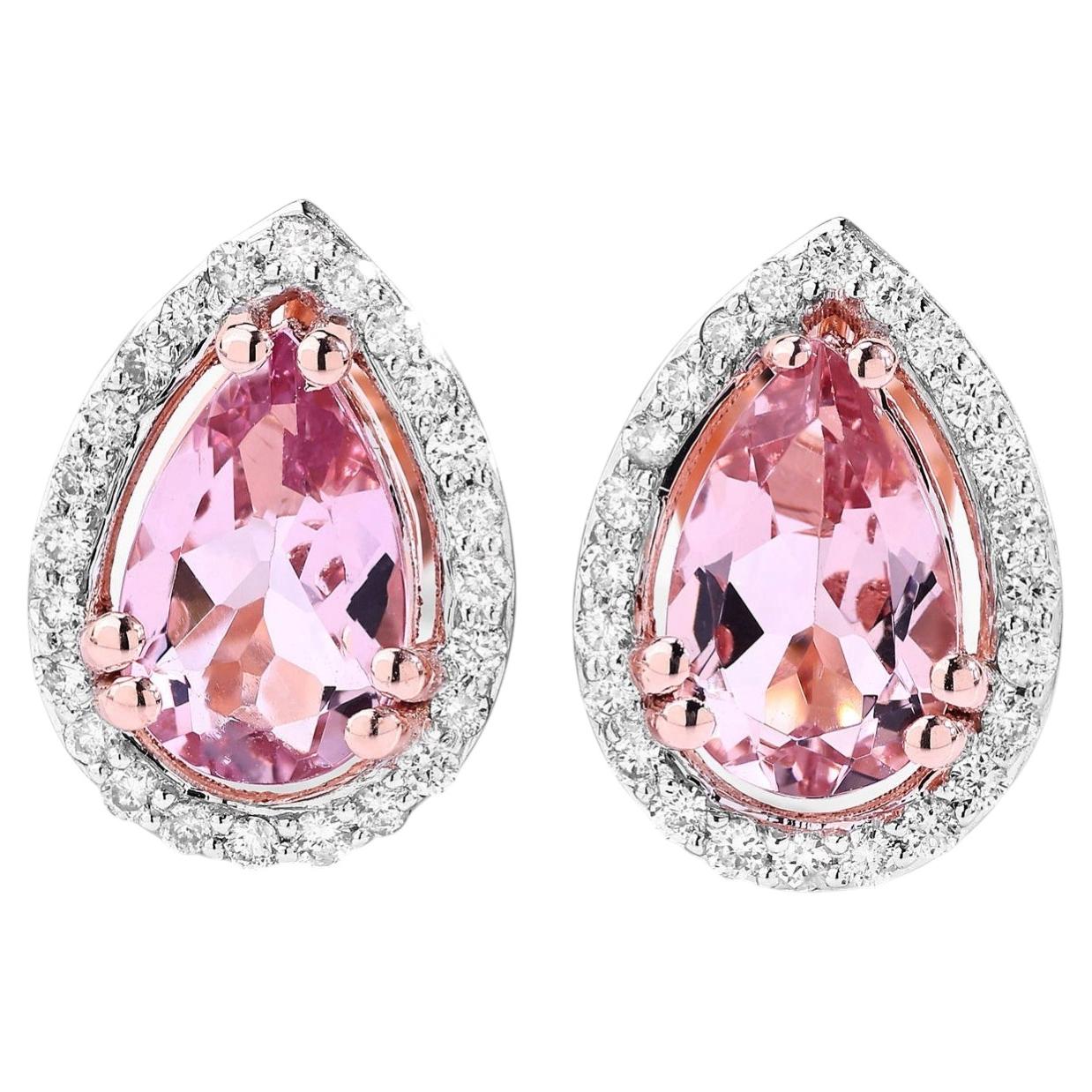 Morganite Stud Earrings With Diamonds 1.52 Carats 14K Rose Gold