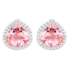 Morganite Stud Earrings With Diamonds 3.24 Carats 14K Rose Gold
