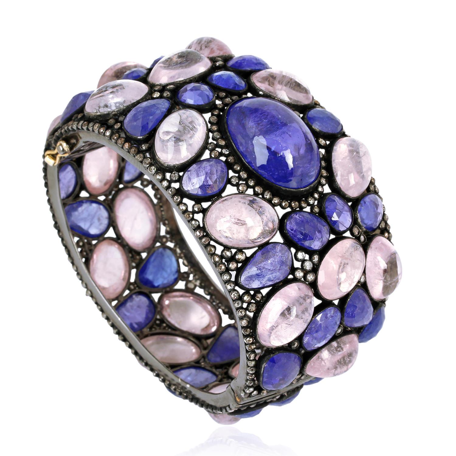 Morganite & Tanzanite Cuff With Diamonds Made In 14k Yellow Gold In New Condition For Sale In New York, NY