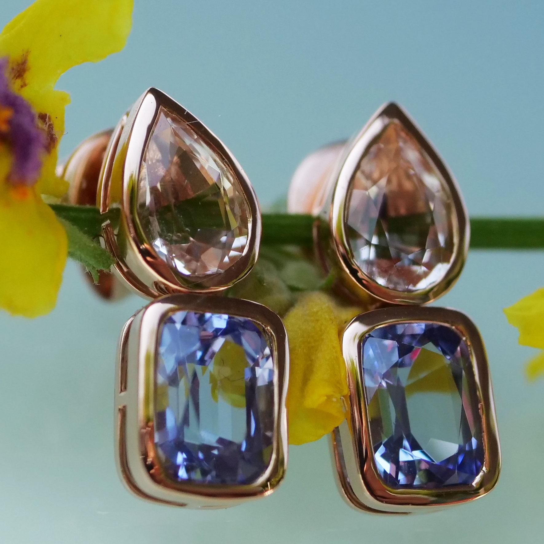 what enchanting colors, Madagascar and Tanzania combined as morganite and tanzanite, pampering colors in combination that you don't often see, two morganite drops from Madagascar total approx. 1.32 ct, 7.2 x 5 x 3.8 mm, in lovely apricot-pink,