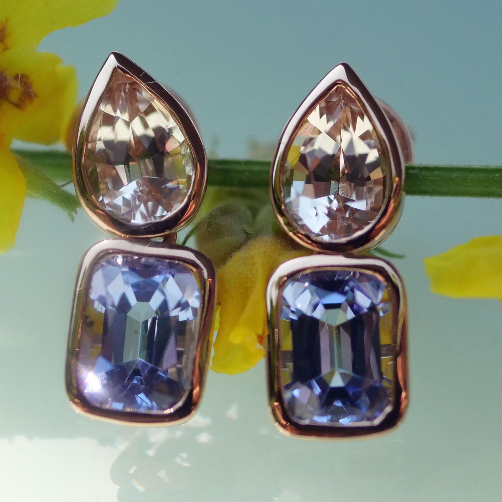 Modern Morganite Tanzanite Ear Studs 18 Kt Rose Gold from Madagascar and Tanzania For Sale