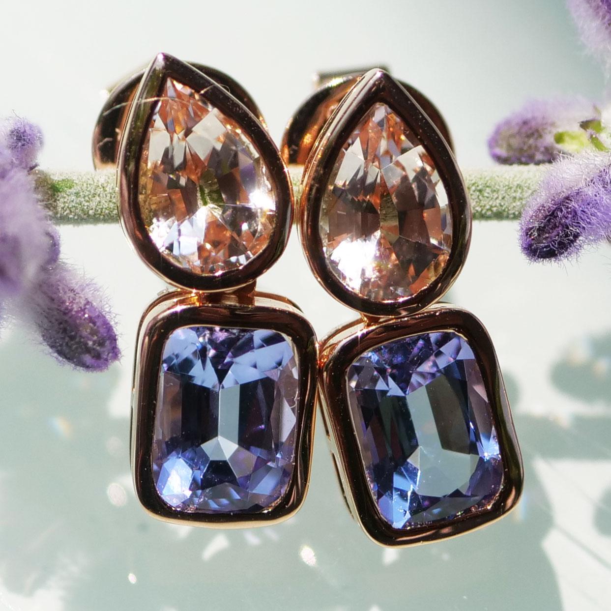 Emerald Cut Morganite Tanzanite Ear Studs 18 Kt Rose Gold from Madagascar and Tanzania For Sale