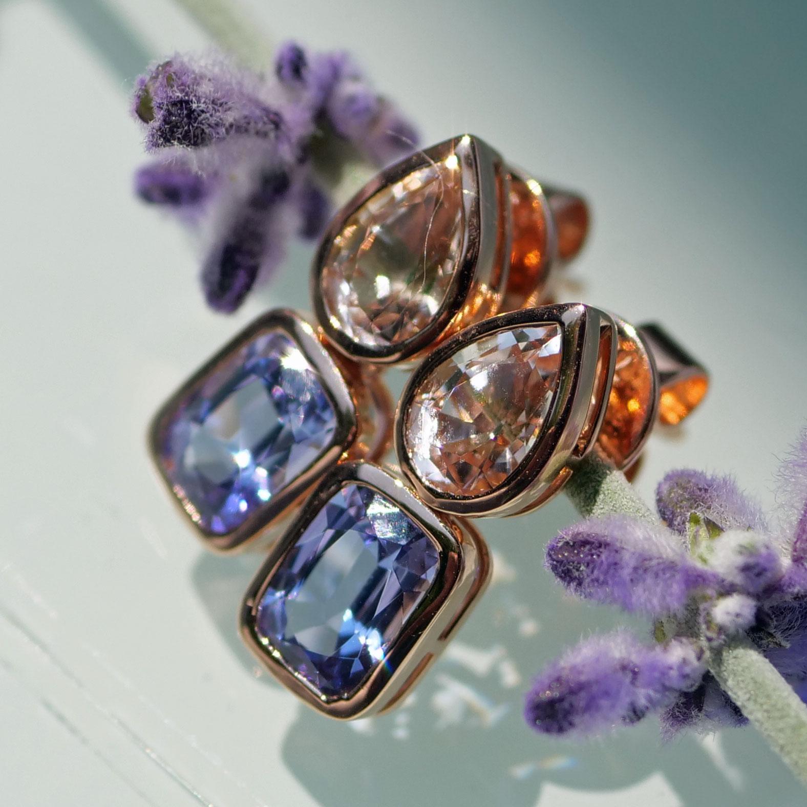 Morganite Tanzanite Ear Studs 18 Kt Rose Gold from Madagascar and Tanzania In New Condition For Sale In Viena, Viena