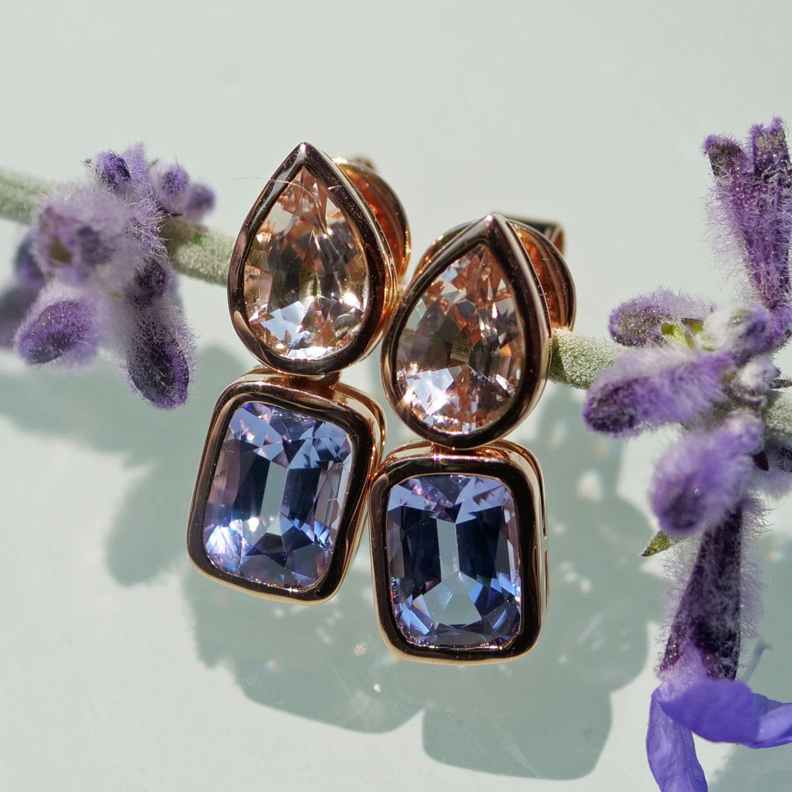 Women's or Men's Morganite Tanzanite Ear Studs 18 Kt Rose Gold from Madagascar and Tanzania For Sale