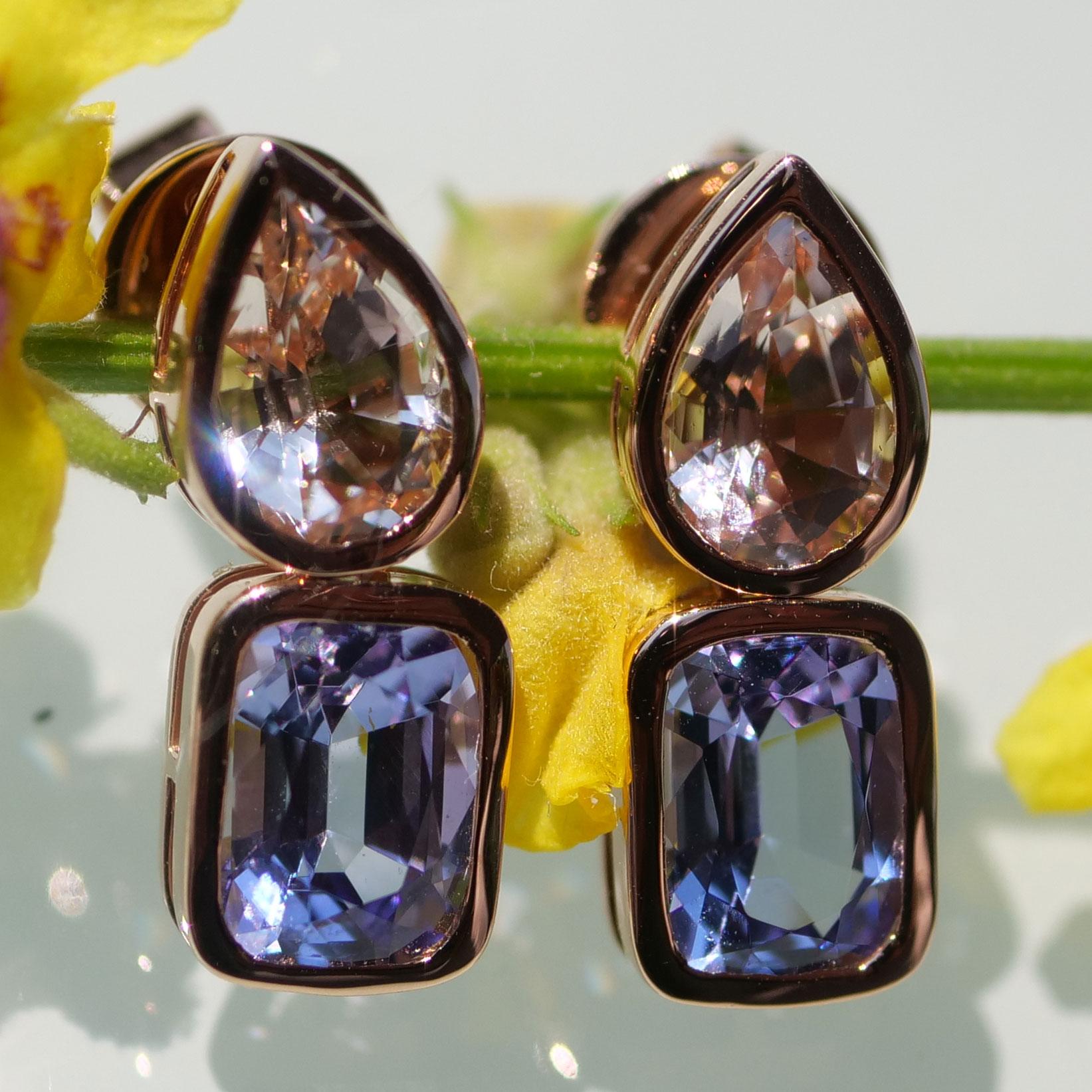 Morganite Tanzanite Ear Studs 18 Kt Rose Gold from Madagascar and Tanzania For Sale 1