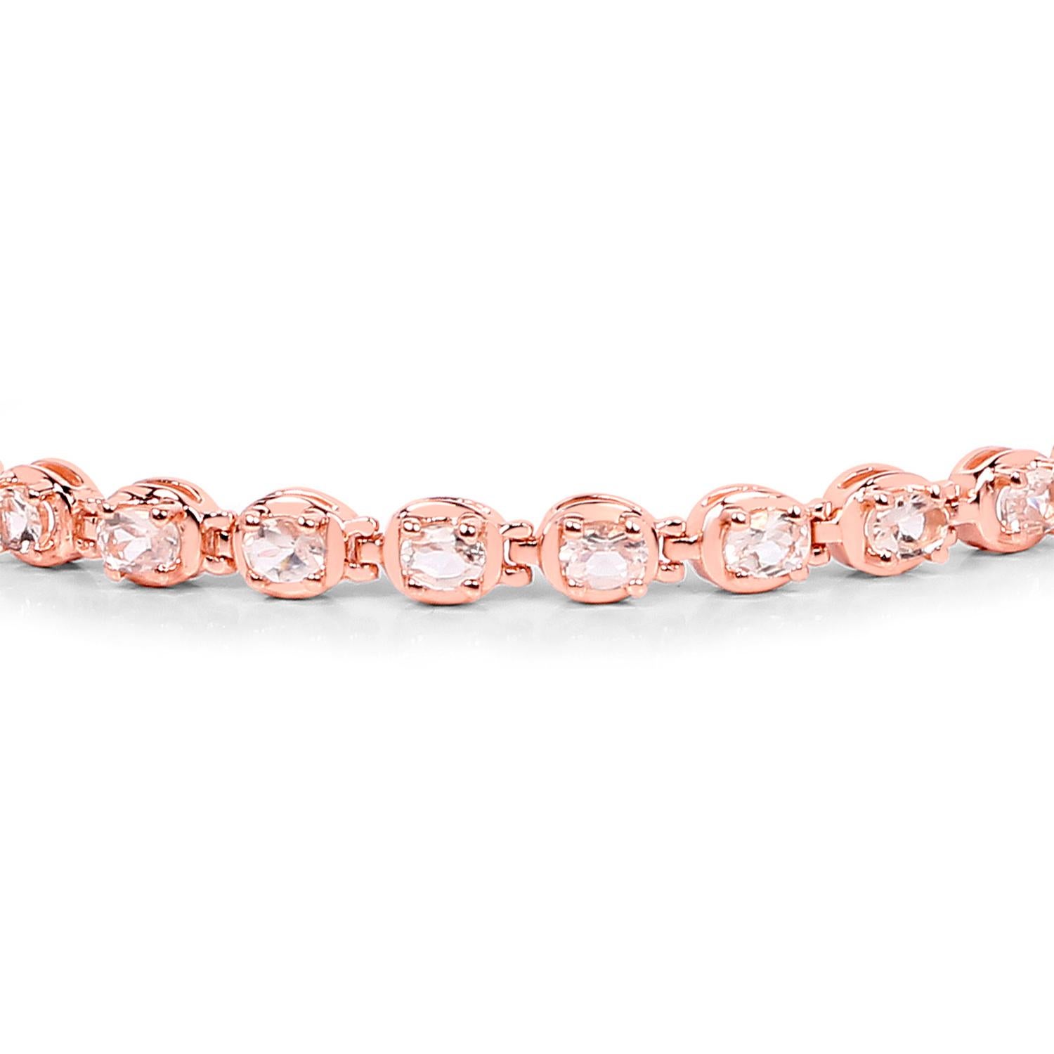 Contemporary Morganite Tennis Bracelet 3.74 Carats 18K Rose Gold Plated Sterling Silver For Sale