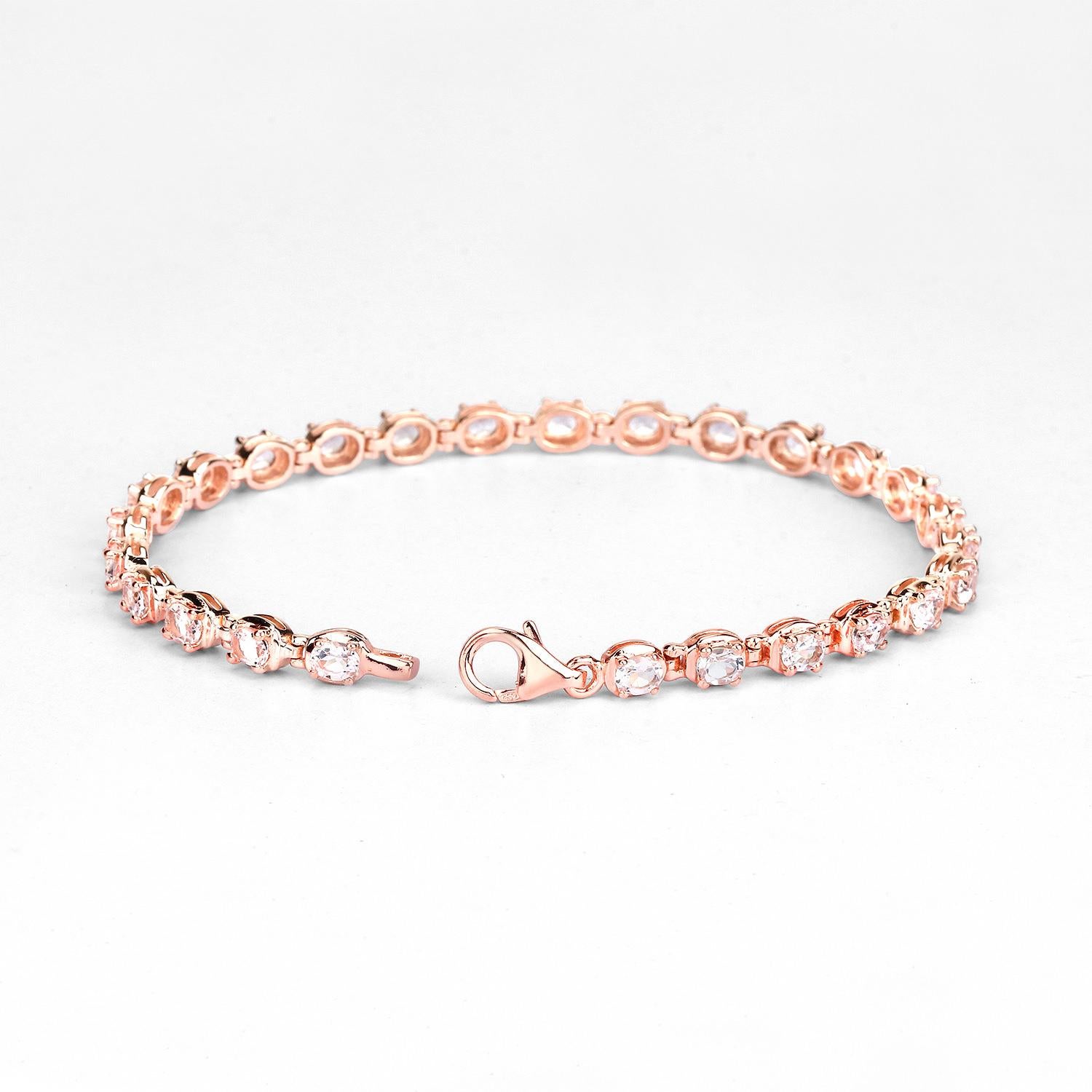 Oval Cut Morganite Tennis Bracelet 3.88 Carats 14K Rose Gold Plated Silver For Sale