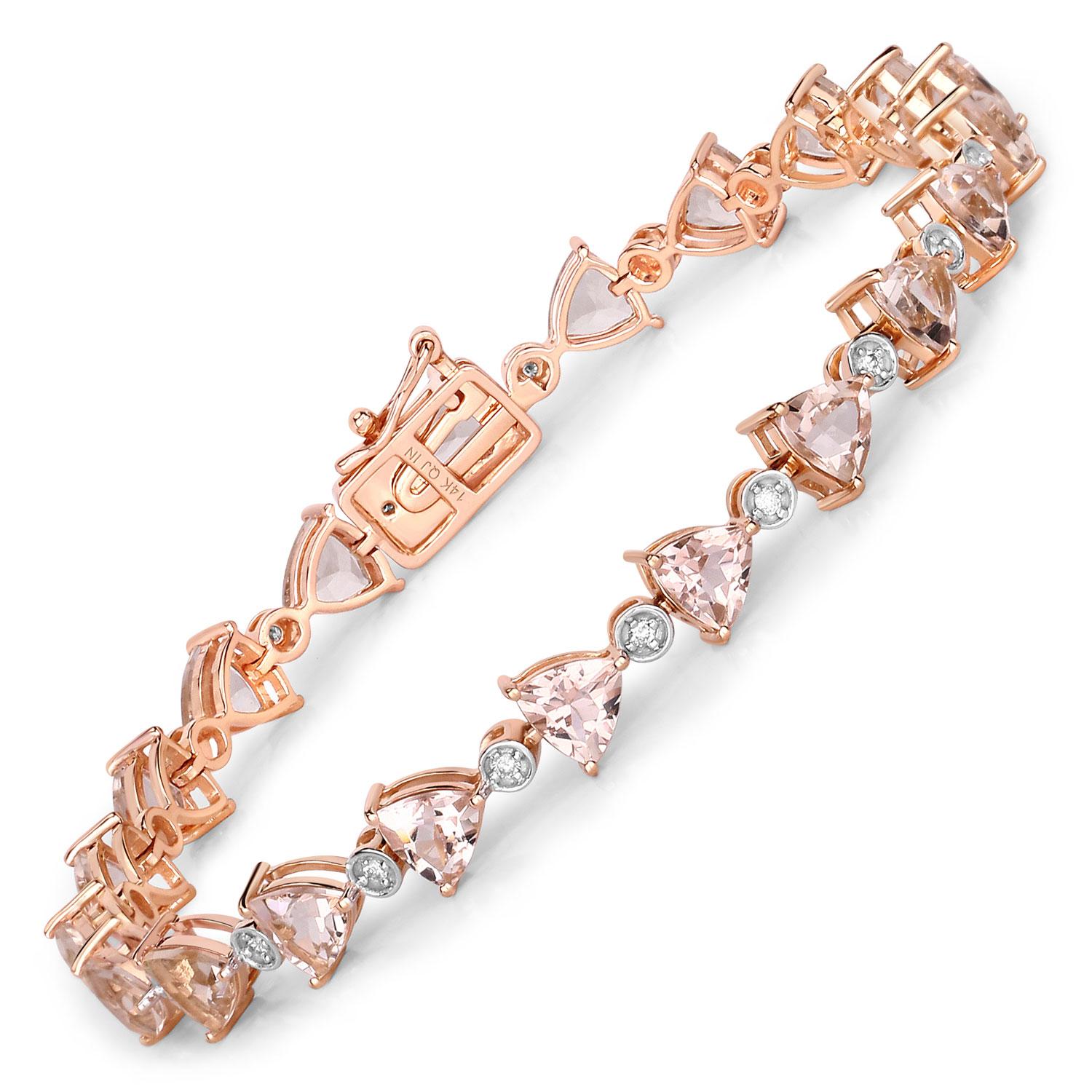 Contemporary Morganite Tennis Bracelet Trillion Cut Diamond Links 7.55 Carats 14K Rose Gold For Sale