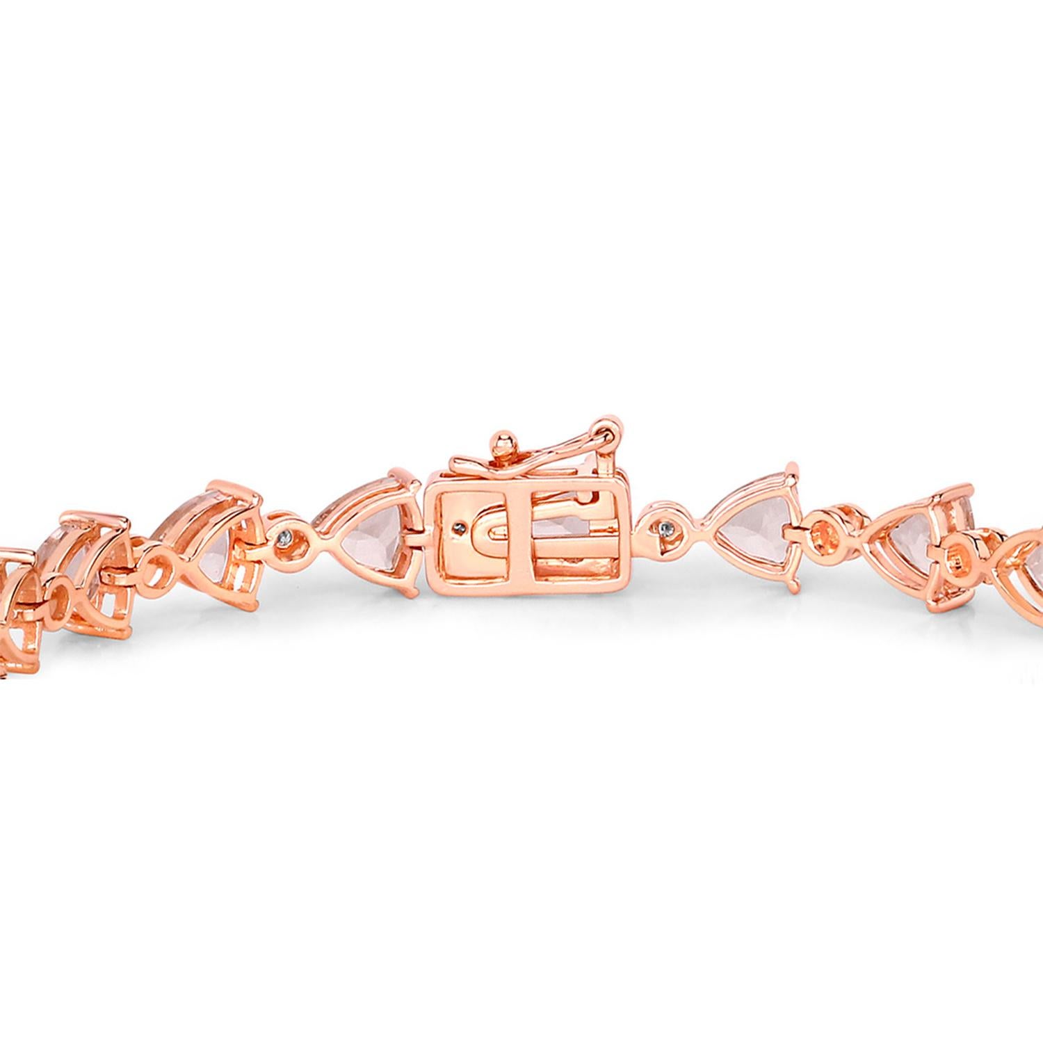 Women's or Men's Morganite Tennis Bracelet Trillion Cut Diamond Links 7.55 Carats 14K Rose Gold For Sale