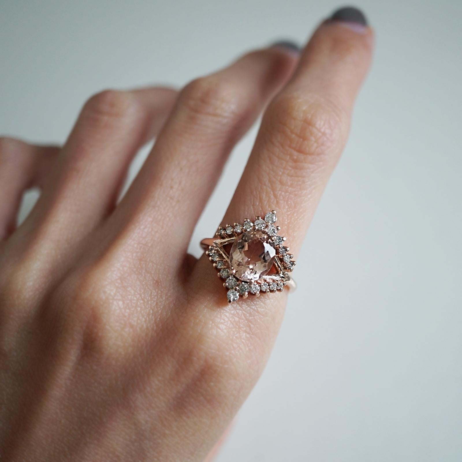 ** Tippy Taste Heirloom Collection are made-to-order. Please allow 3-4 week turnaround time. Make a note of your ring size and metal color during checkout. 

The Morganite Tiara Diamond ring is available in 14K solid yellow gold, white gold and rose
