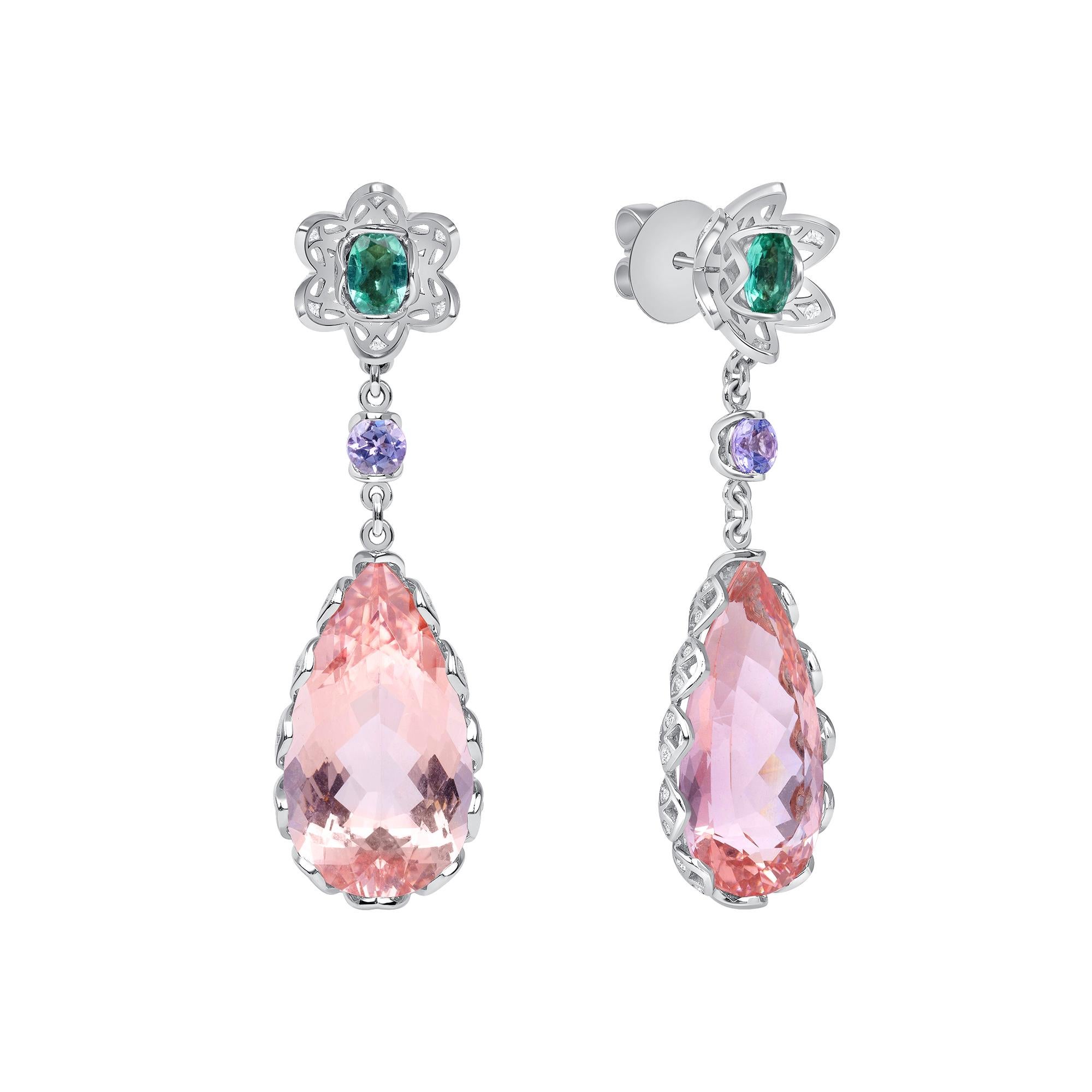 Morganite, Tourmaline, Amethyst, and Diamond Platinum Drop Earrings, in Stock.

These 23.9-carat total weight morganites, H, were specially cut in Brazil. The drop earrings also feature green Paraiba tourmaline (0.74-carat total weight), amethyst