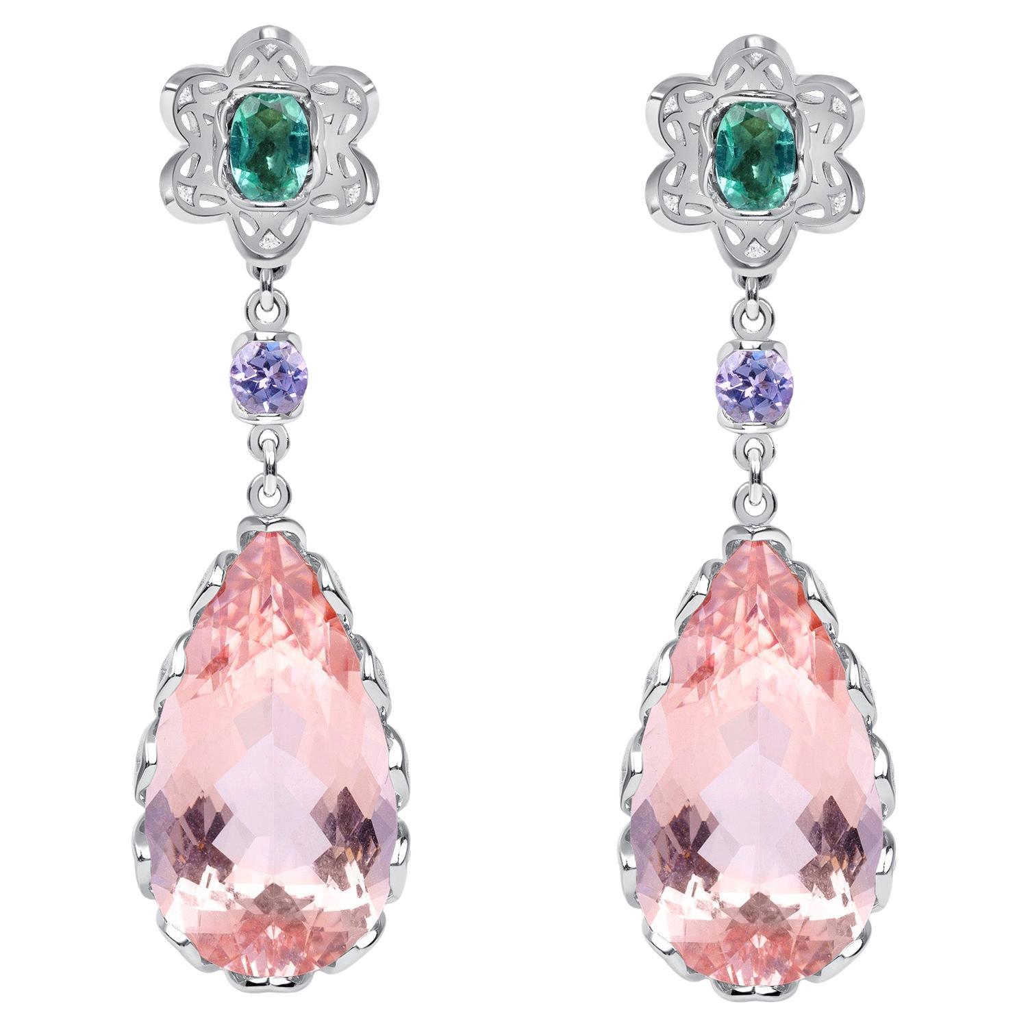 23.9 Carat Morganite, Tourmaline, Amethyst, and Diamond Platinum Drop Earrings For Sale