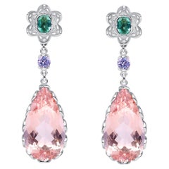 Orecchini pendenti in platino con morganite, tormalina, ametista e diamanti da 23,9 carati