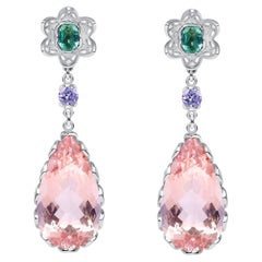 23.9 Carat Morganite, Tourmaline, Amethyst, and Diamond Platinum Drop Earrings