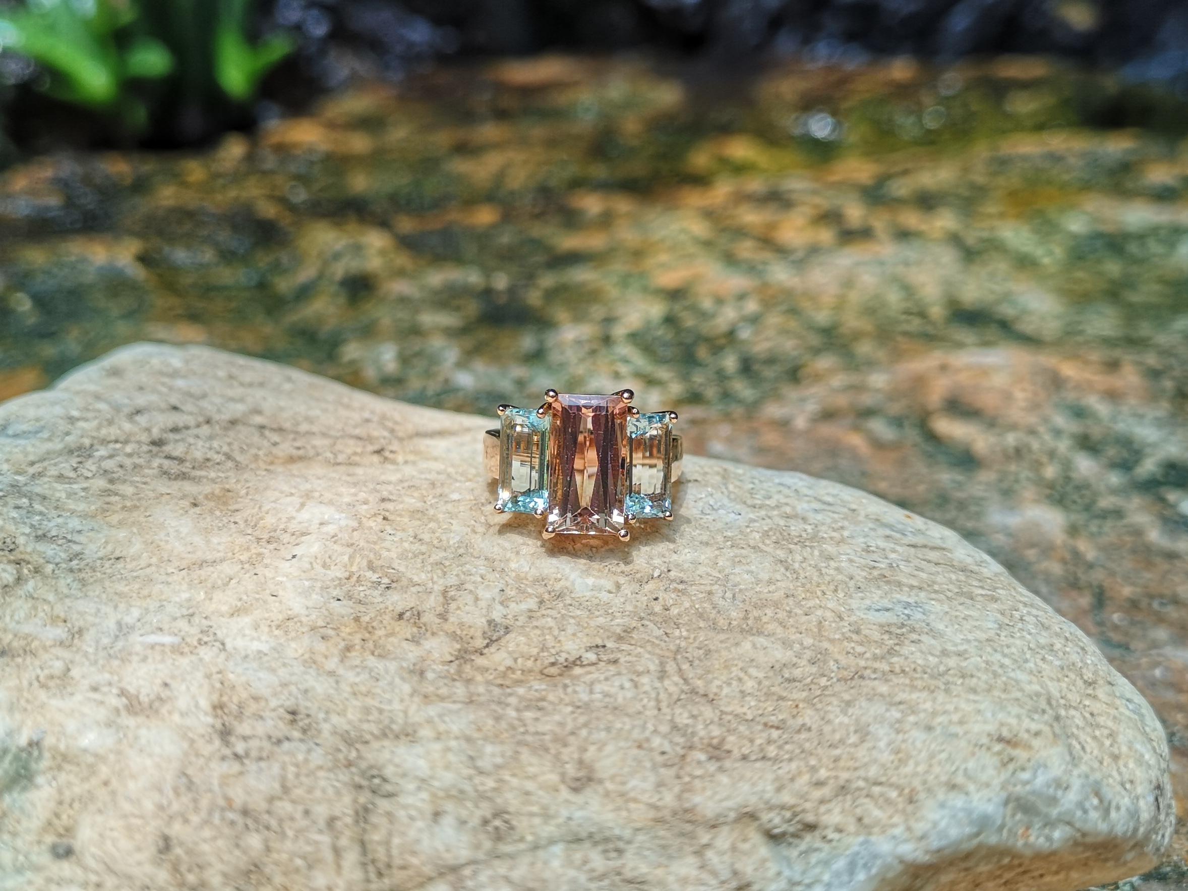 Morganite with Aquamarine Ring Set in 18 Karat Rose Gold Settings For Sale 1