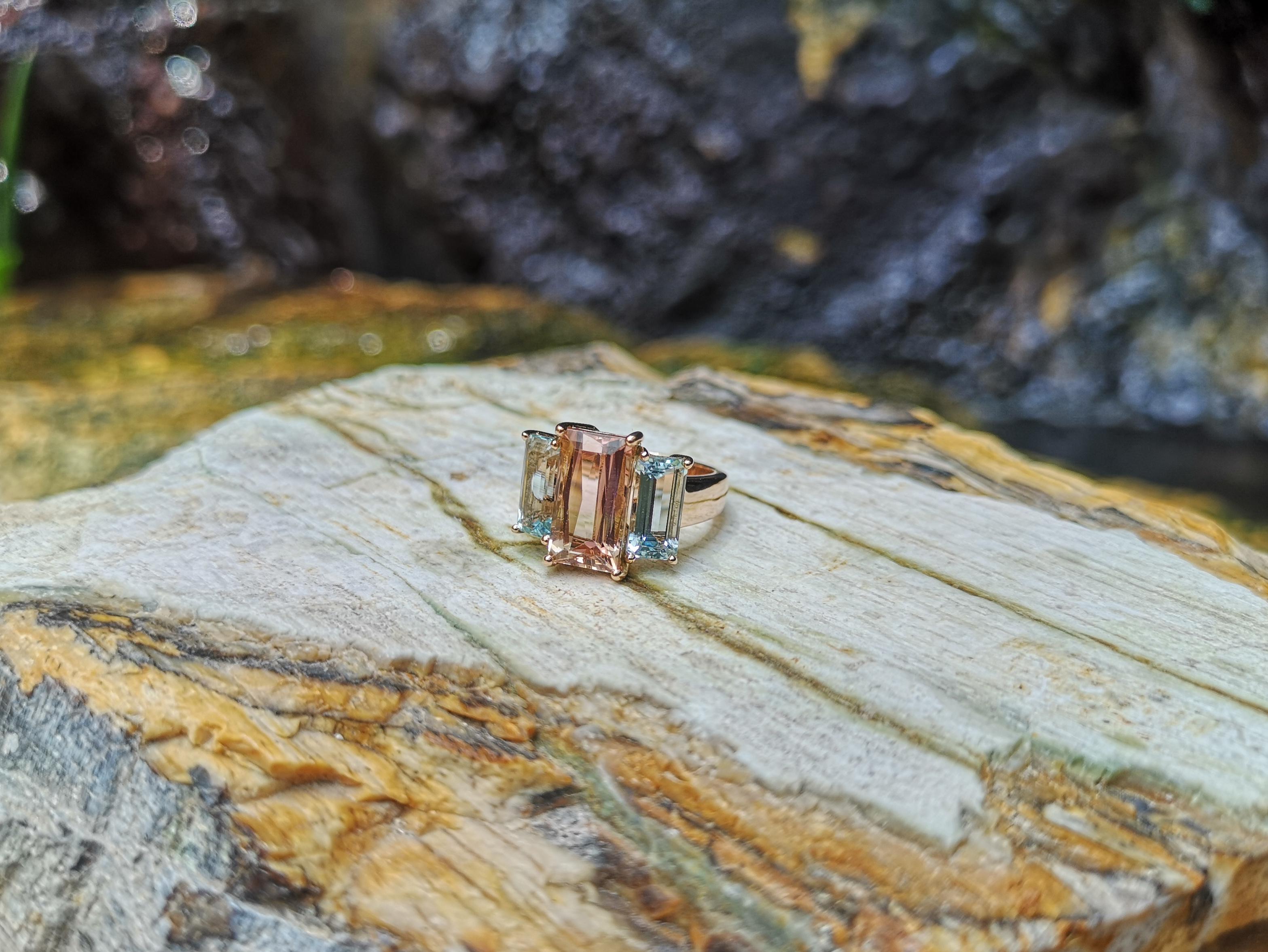 Morganite with Aquamarine Ring Set in 18 Karat Rose Gold Settings For Sale 3