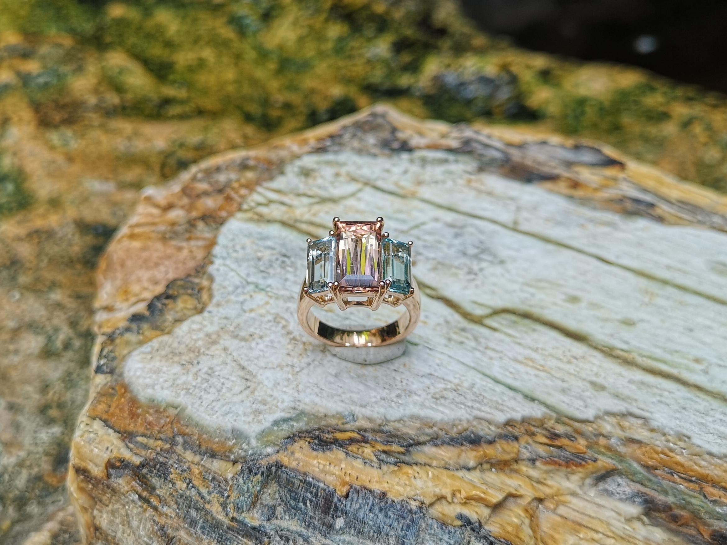 Morganite with Aquamarine Ring Set in 18 Karat Rose Gold Settings For Sale 4