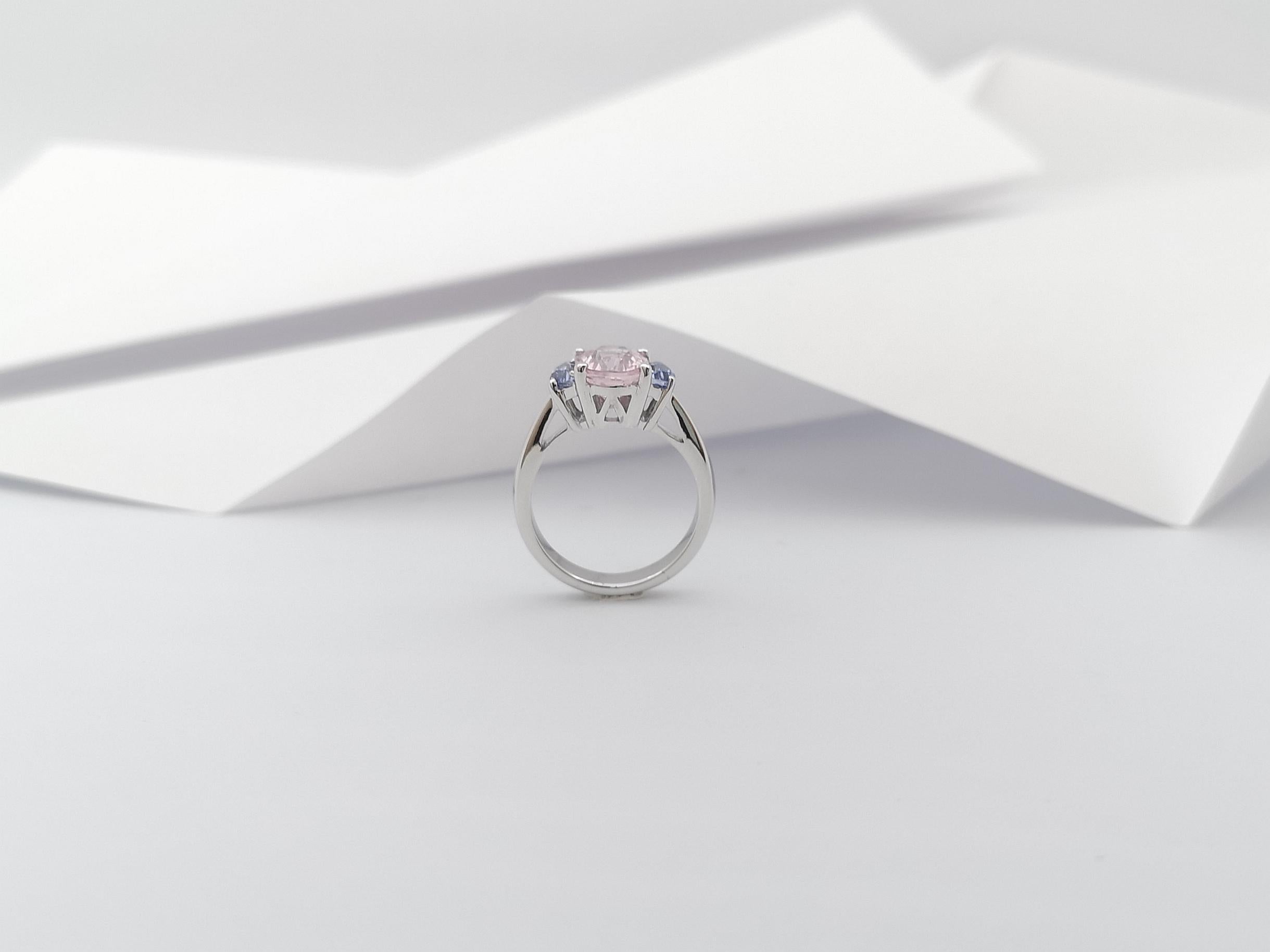 Morganite with Blue Sapphire Ring Set in 18 Karat White Gold Settings For Sale 4