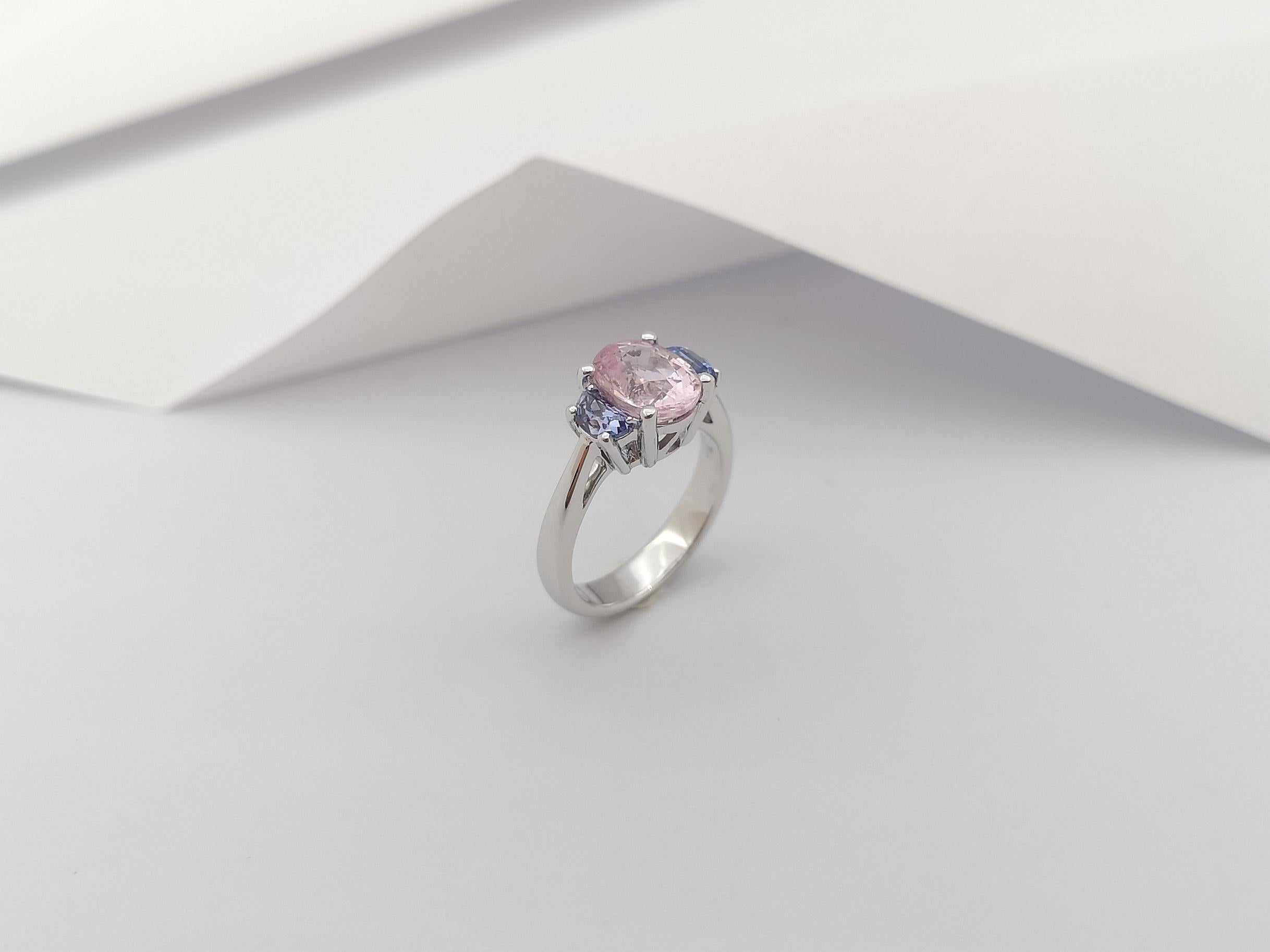 Morganite with Blue Sapphire Ring Set in 18 Karat White Gold Settings For Sale 7
