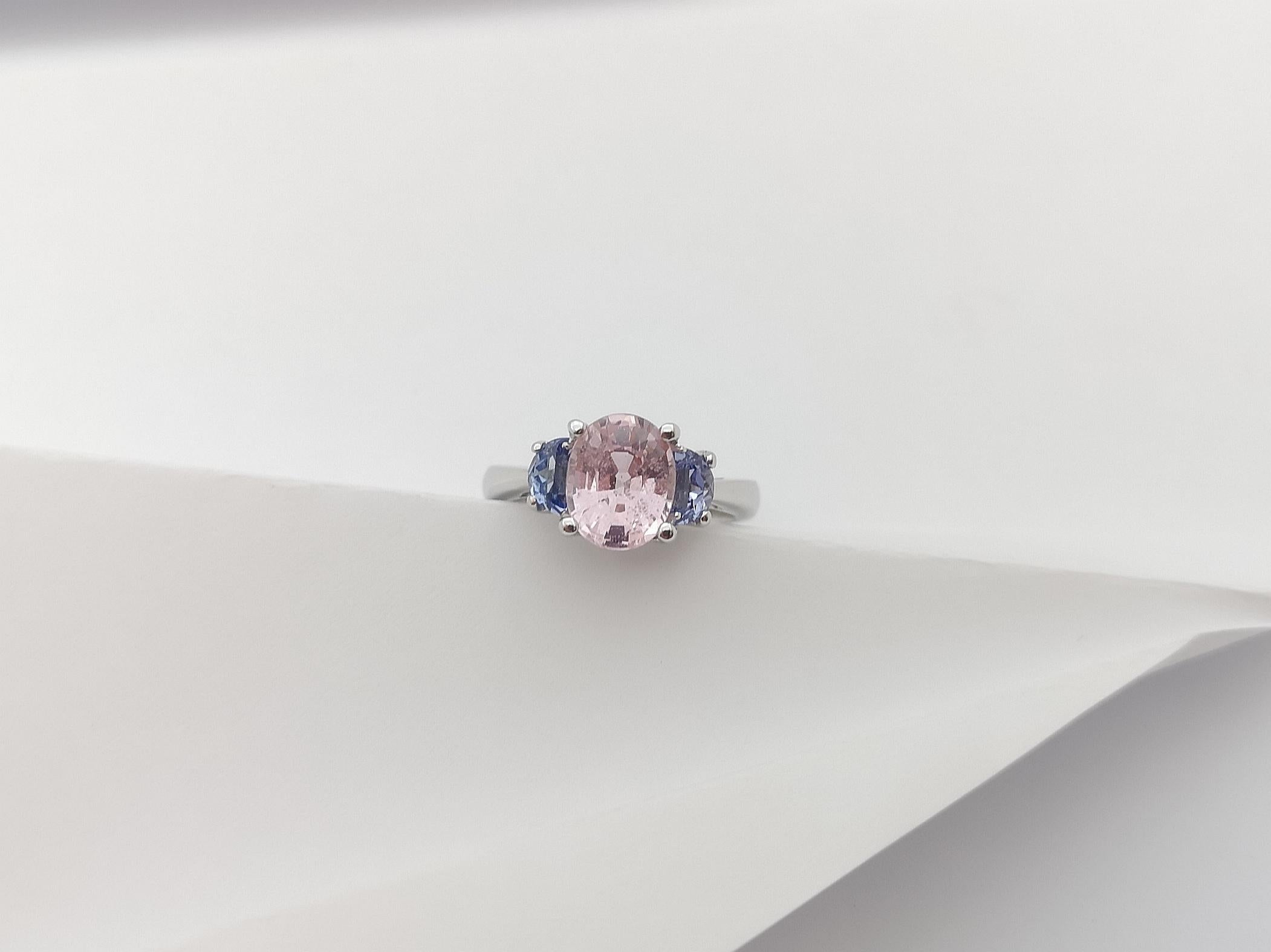 Morganite with Blue Sapphire Ring Set in 18 Karat White Gold Settings For Sale 8