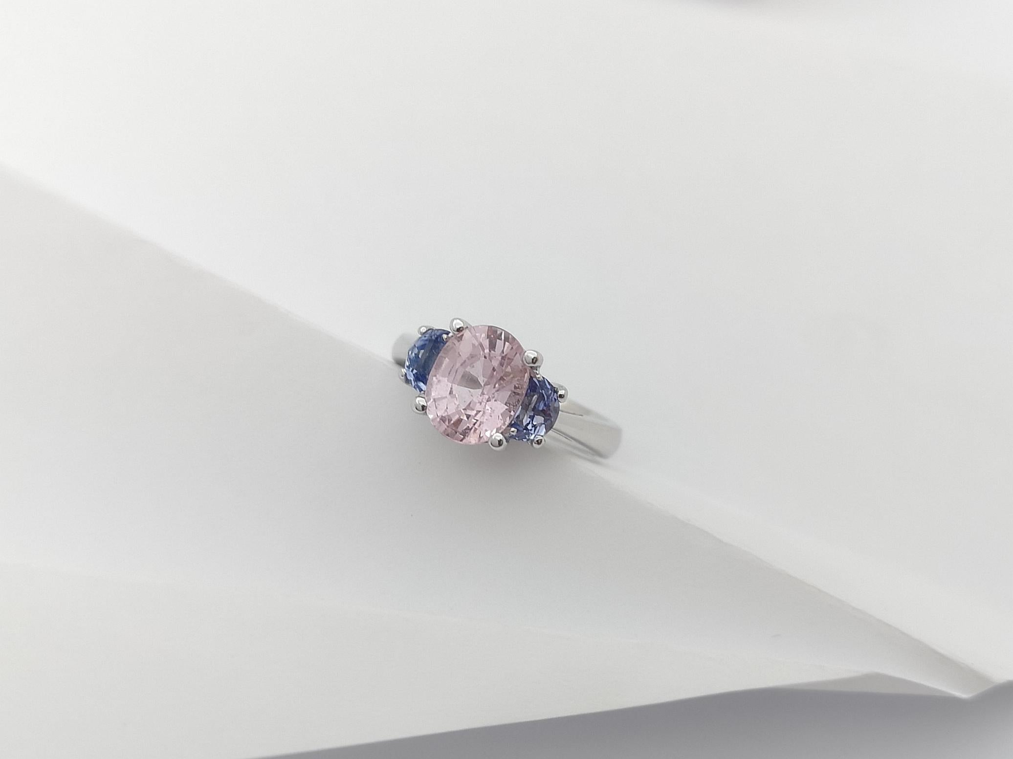 Morganite with Blue Sapphire Ring Set in 18 Karat White Gold Settings For Sale 9